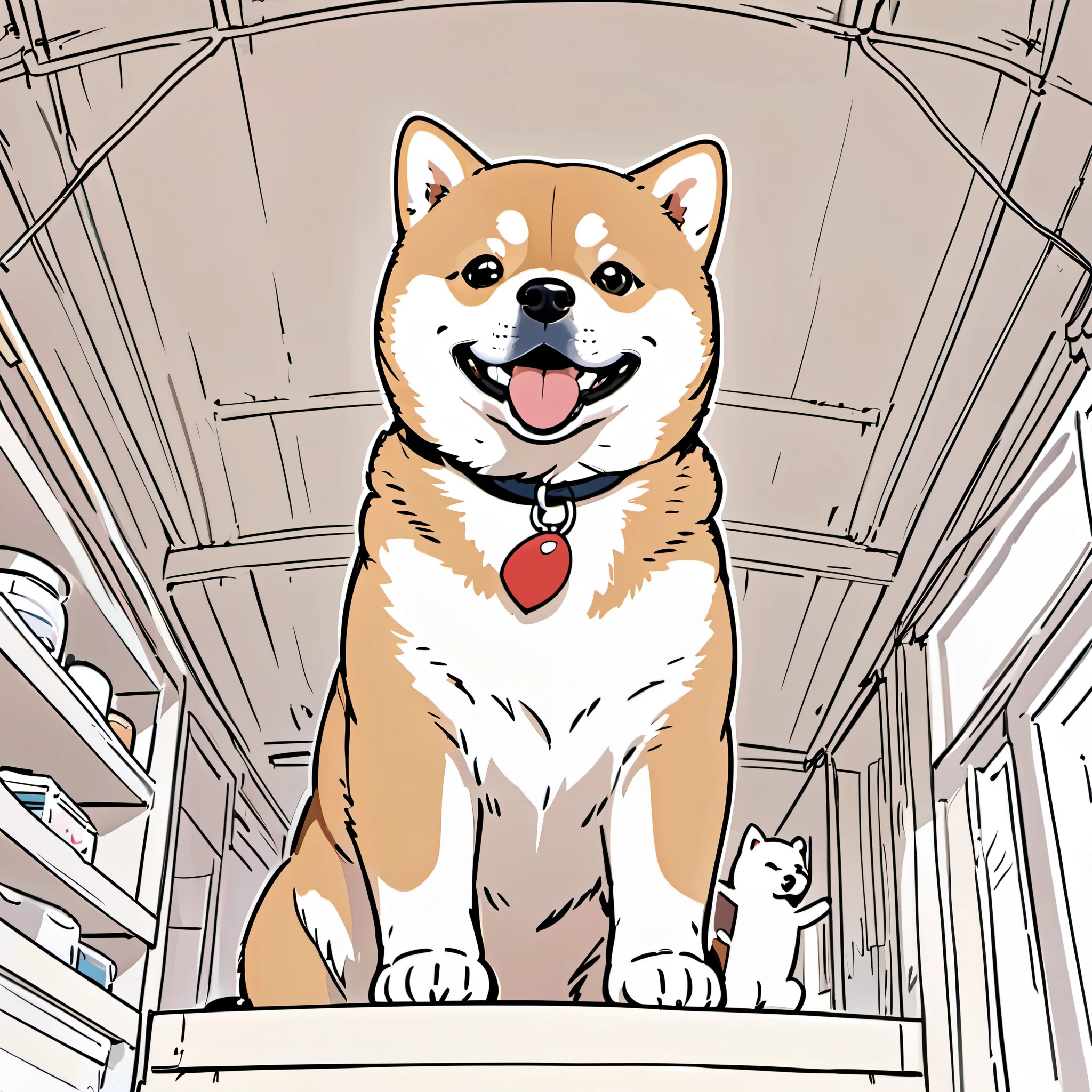 A Shiba Inu, happy, Stick figures, stick figure lines, line art, cute, from below, best quality, masterpiece, high details, highres
