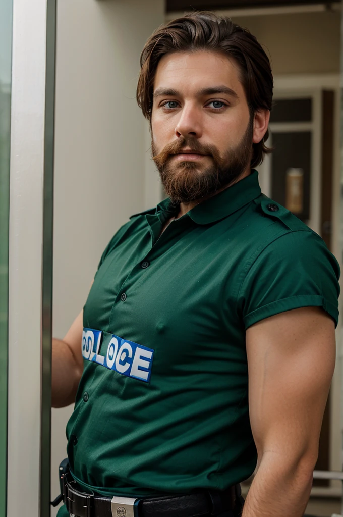 Male cop, brown hair, full beard, green eyes
