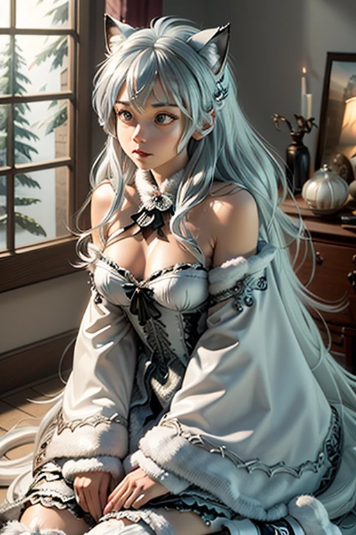 [best quality, shaded, extreme details, very detailed,ultra detailed, intricate, realistic], wolf woman, solo woman, long fluffy silver hair, very delicate, prehistoric outfit, ribbon pink in the hair, heavy, provocative, fluffy furry tail, eyes will see.