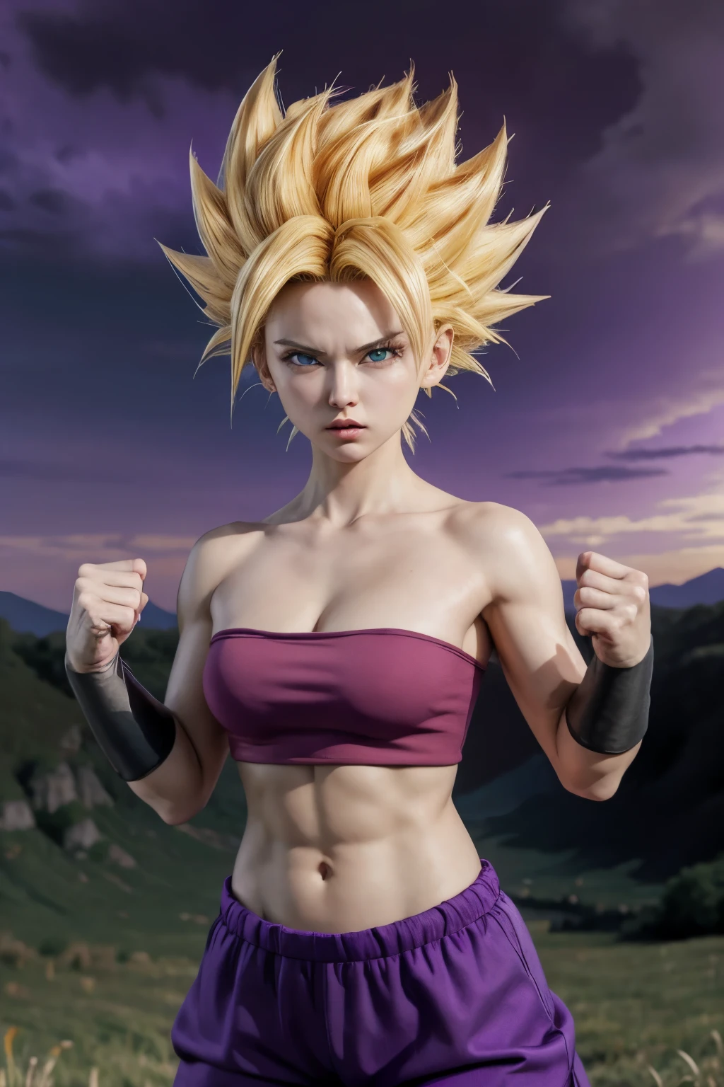 masterpiece, best quality,  ssjcaulifla, blonde hair, aqua eyes, tube top, purple pants, bracers, fighting stance, dynamic pose, toned, looking at viewer, serious, purple sky, field