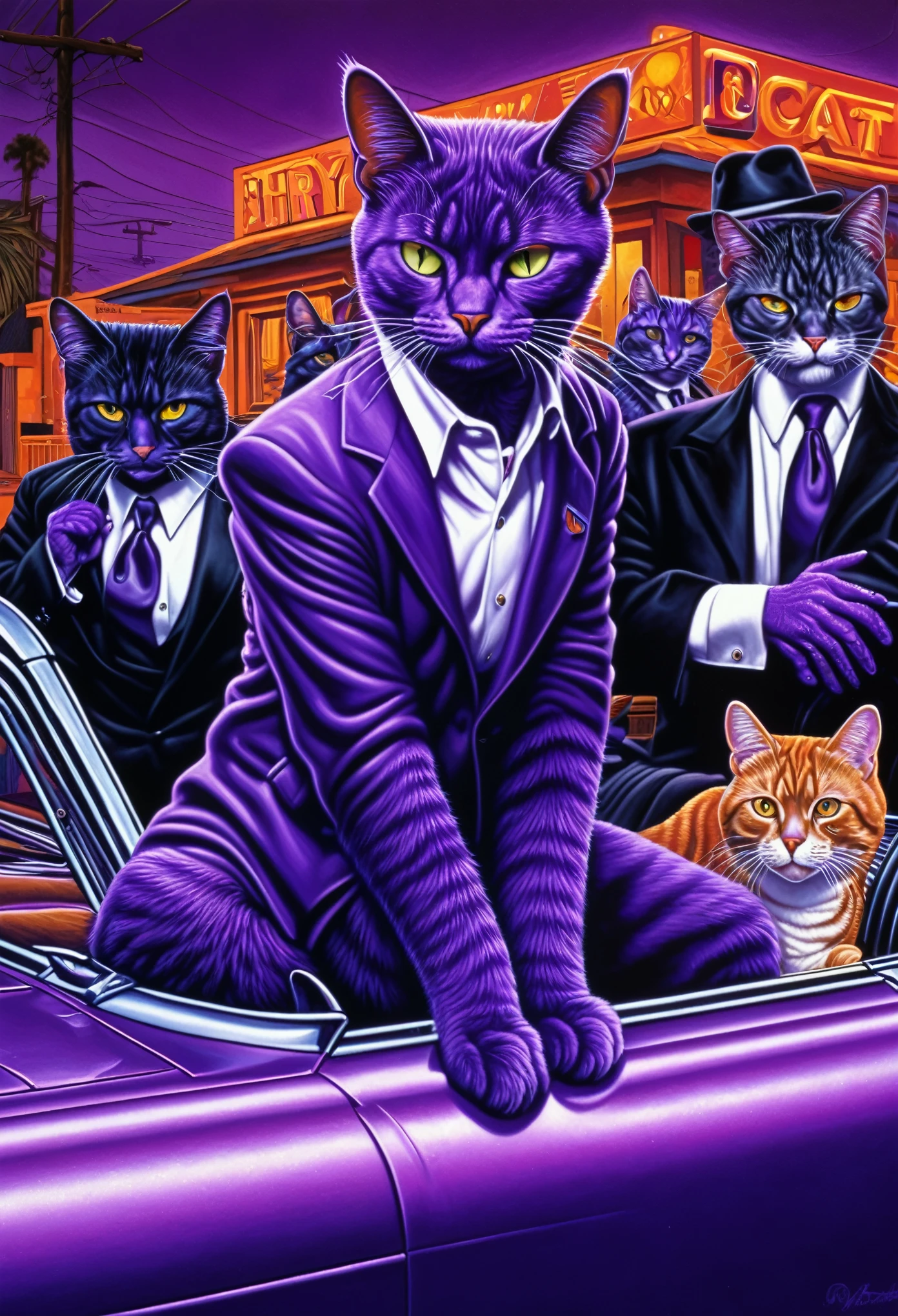 there are many cats that are sitting in front of a car, purple cat, mafia background hyper detailed, by Joe Jusko, mobster, beautiful neon cats, by Ron Walotsky, inspired by Joe Jusko, dressed in purple, by Wayne England, by Randy Gallegos, inspired by the Brothers Hildebrandt, pj crook, by Rob Alexander