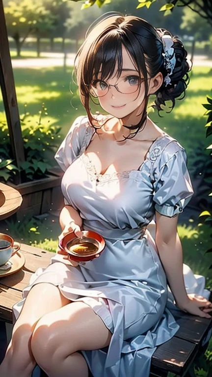 (best quality, masterpiece), (ultra high resolution, 8K RAW photo, photo realistics:1.5, textile shading, thin outline, clear focus:1.2), Beautuful Matured woman preparing tea-time in the garden, standing by the round table, (tea set, tea pot, tea cups, some Strawberrycakes on dish), classy art deco style table, wearing light_brown maid uniform, breast cleavage:1.2, maid costume:1.2, long flare skirts, apron, bow ties on thechest, long tall sally, long legs, long silver white hair, (wearing thin-flame glasses:1.2), (milf:1.5, 28 years old, solo), (medium breast, sagging breast, big tits, narrow waist), (medium short white hair, hair over one eye, (updo hair:1.2), side lock, asymmetric hair, wavy hair), (bright pupils, detailed eyes, high detailed face, Perfect face shape, eye rush), (seductitve smiling, half-closing eyes), (looking at viewers:1.3), (dynamic angle, full body, from above:0.9), ((correct anatomy:1.5, correct hands)), (ideal ratio of body proportions), (outdoor:1.2, grass field),
