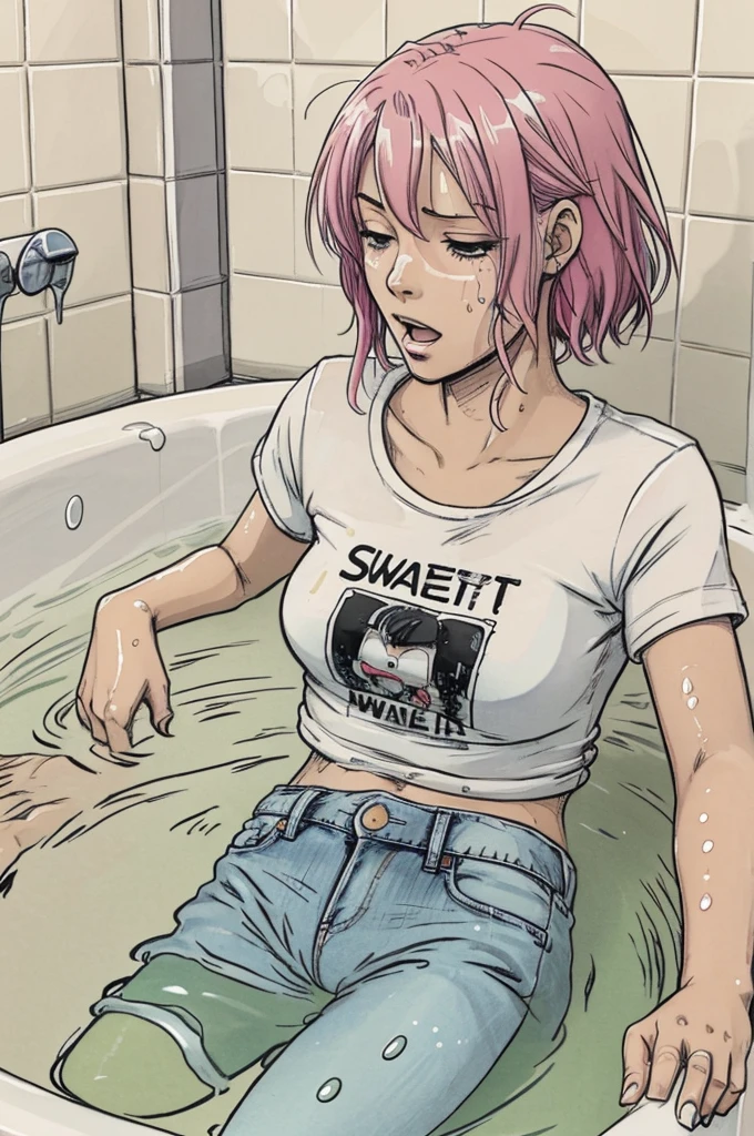 cartoon, An anime wet woman with colored hair and t-shirt:1.2 and jeans siting drowning (inside slime bath), hard breath, sweat, orgasm