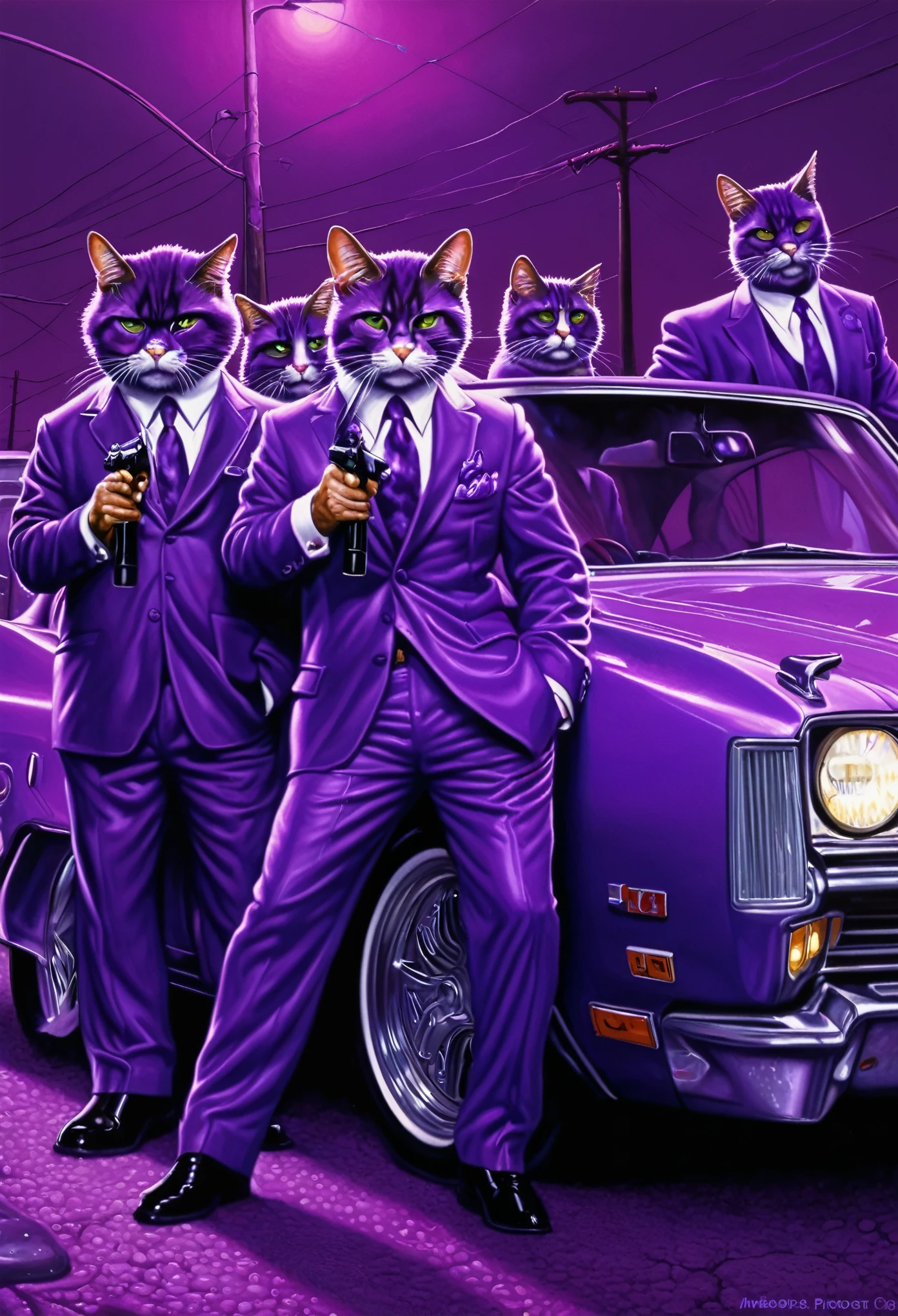 there are many cats that are sitting in front of a car, an airbrush painting by Joe Jusko, trending on cg society, furry art, purple cat, mafia background hyper detailed, mobster, beautiful neon cats, cats dressed in purple, pj crook, purple glow, portrait of a pink gang, mafia, saints row, anthropomorphic gangster rat, "PAID GROUP," "PAID GROUP," "PAID GROUP", 3D text car body.