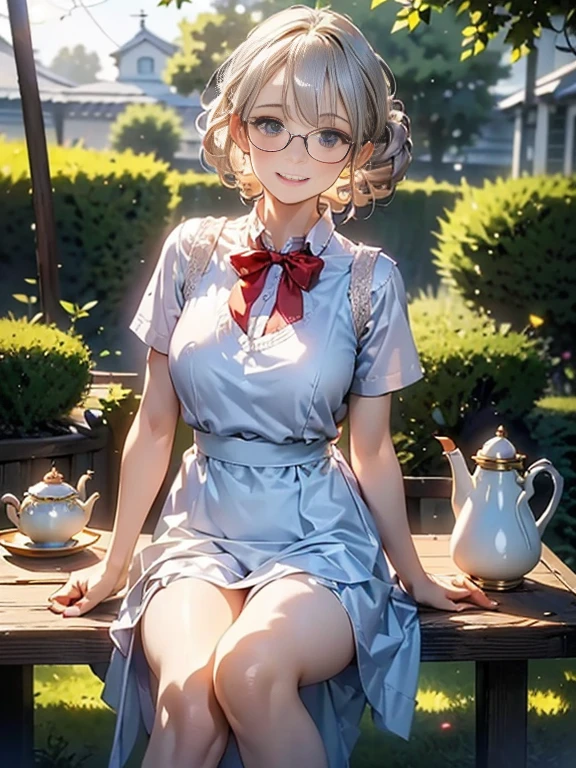 (best quality, masterpiece), (ultra high resolution, 8K RAW photo, photo realistics:1.5, textile shading, thin outline, clear focus:1.2), Beautuful Matured woman preparing tea-time in the garden, standing by the round table, (tea set, tea pot, tea cups, some Strawberrycakes on dish), classy art deco style table, wearing light_brown maid uniform, breast cleavage:1.2, maid costume:1.2, long flare skirts, apron, bow ties on thechest, long tall sally, long legs, long silver white hair, (wearing thin-flame glasses:1.2), (milf:1.5, 28 years old, solo), (medium breast, sagging breast, big tits, narrow waist), (medium short white hair, hair over one eye, (updo hair:1.2), side lock, asymmetric hair, wavy hair), (bright pupils, detailed eyes, high detailed face, Perfect face shape, eye rush), (seductitve smiling, half-closing eyes), (looking at viewers:1.3), (dynamic angle, full body, from above:0.9), ((correct anatomy:1.5, correct hands)), (ideal ratio of body proportions), (outdoor:1.2, grass field),
