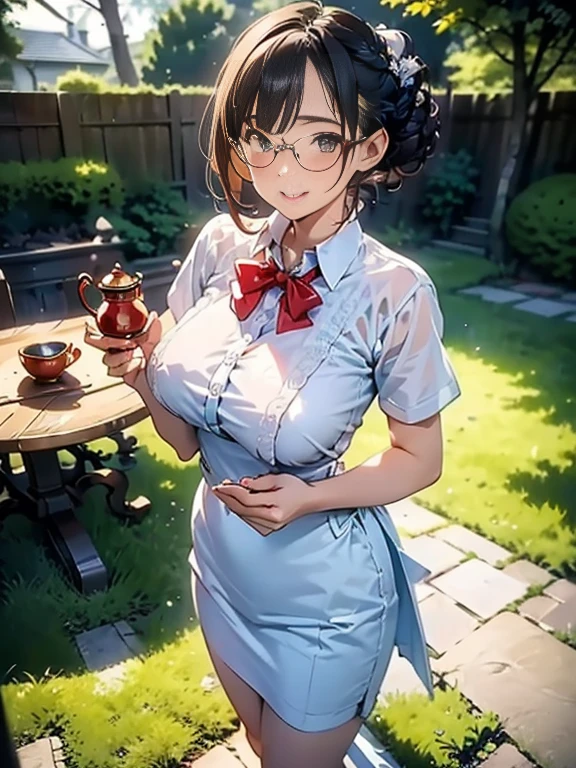 (best quality, masterpiece), (ultra high resolution, 8K RAW photo, photo realistics:1.5, textile shading, thin outline, clear focus:1.2), Beautuful Matured woman preparing tea-time in the garden, standing by the round table, (tea set, tea pot, tea cups, some Strawberrycakes on dish), classy art deco style table, wearing light_brown maid uniform, breast cleavage:1.2, maid costume:1.2, long flare skirts, apron, bow ties on thechest, long tall sally, long legs, long silver white hair, (wearing thin-flame glasses:1.2), (milf:1.5, 28 years old, solo), (medium breast, sagging breast, big tits, narrow waist), (medium short white hair, hair over one eye, (updo hair:1.2), side lock, asymmetric hair, wavy hair), (bright pupils, detailed eyes, high detailed face, Perfect face shape, eye rush), (seductitve smiling, half-closing eyes), (looking at viewers:1.3), (dynamic angle, full body, from above:0.9), ((correct anatomy:1.5, correct hands)), (ideal ratio of body proportions), (outdoor:1.2, grass field),
