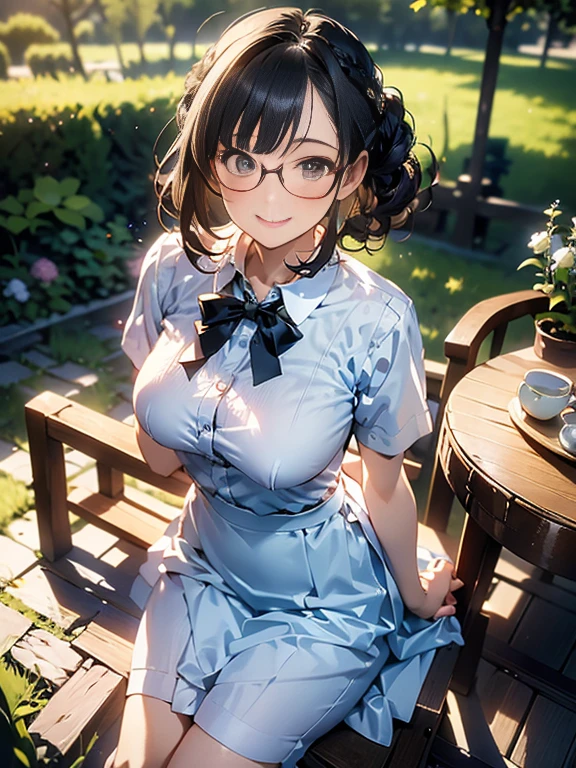 (best quality, masterpiece), (ultra high resolution, 8K RAW photo, photo realistics:1.5, textile shading, thin outline, clear focus:1.2), Beautuful Matured woman preparing tea-time in the garden, standing by the round table, (tea set, tea pot, tea cups, some Strawberrycakes on dish), classy art deco style table, wearing light_brown maid uniform, breast cleavage:1.2, maid costume:1.2, long flare skirts, apron, bow ties on thechest, long tall sally, long legs, long silver white hair, (wearing thin-flame glasses:1.2), (milf:1.5, 28 years old, solo), (medium breast, sagging breast, big tits, narrow waist), (medium short white hair, hair over one eye, (updo hair:1.2), side lock, asymmetric hair, wavy hair), (bright pupils, detailed eyes, high detailed face, Perfect face shape, eye rush), (seductitve smiling, half-closing eyes), (looking at viewers:1.3), (dynamic angle, full body, from above:0.9), ((correct anatomy:1.5, correct hands)), (ideal ratio of body proportions), (outdoor:1.2, grass field),
