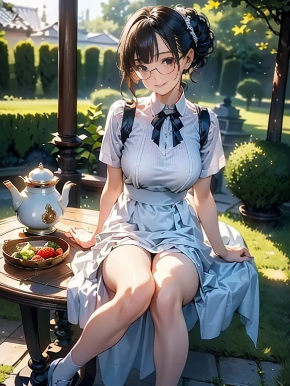 (best quality, masterpiece), (ultra high resolution, 8K RAW photo, photo realistics:1.5, textile shading, thin outline, clear focus:1.2), Beautuful Matured woman preparing tea-time in the garden, standing by the round table, (tea set, tea pot, tea cups, some Strawberrycakes on dish), classy art deco style table, wearing light_brown maid uniform, breast cleavage:1.2, maid costume:1.2, long flare skirts, apron, bow ties on thechest, long tall sally, long legs, long silver white hair, (wearing thin-flame glasses:1.2), (milf:1.5, 28 years old, solo), (medium breast, sagging breast, big tits, narrow waist), (medium short white hair, hair over one eye, (updo hair:1.2), side lock, asymmetric hair, wavy hair), (bright pupils, detailed eyes, high detailed face, Perfect face shape, eye rush), (seductitve smiling, half-closing eyes), (looking at viewers:1.3), (dynamic angle, full body, from above:0.9), ((correct anatomy:1.5, correct hands)), (ideal ratio of body proportions), (outdoor:1.2, grass field),
