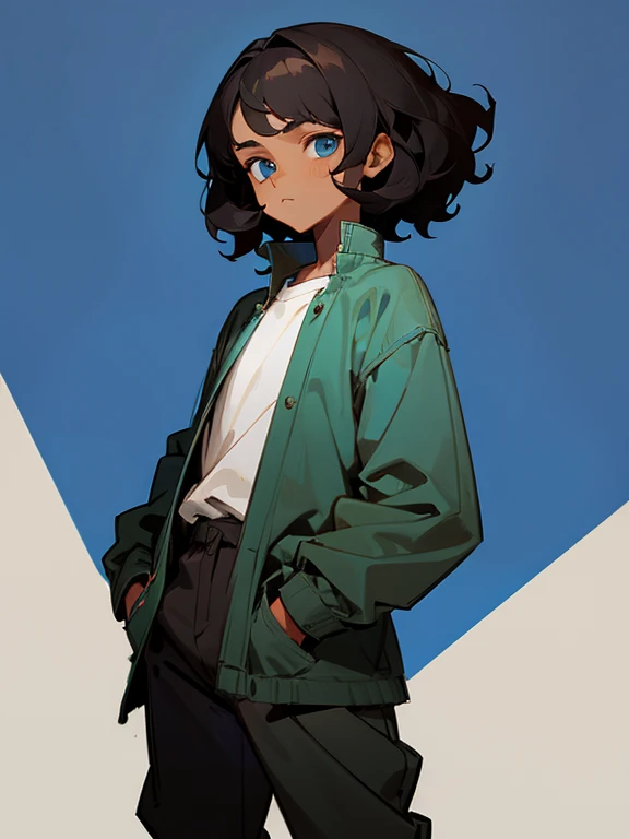 Boy with short wavy black hair, brown skin, blue eyes and Clothing in Maya blue colors, Standing frontally with arms in pockets