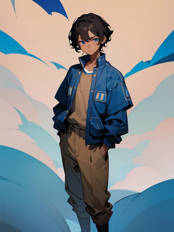 Boy with short wavy black hair, brown skin, blue eyes and Clothing in Maya blue colors, Standing frontally with arms in pockets