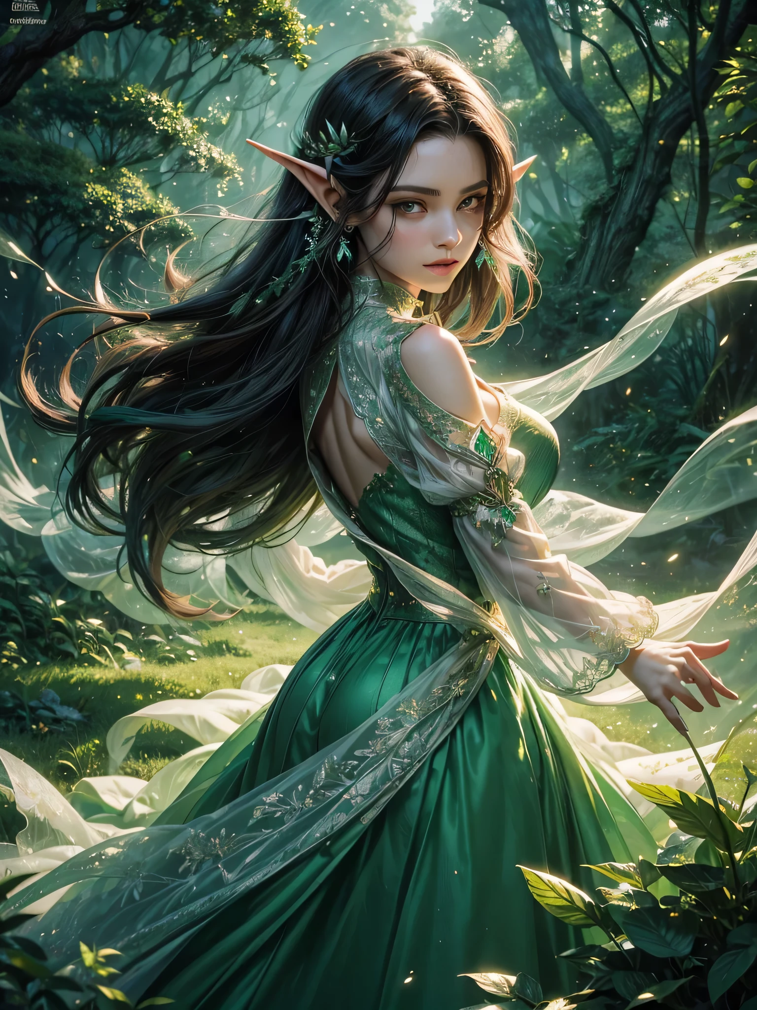 (Masterpiece,Top Quality,Best,Official Art,Beautiful and Aesthetic,Long Exposure: 1.2),Smooth Movement,Charming Patterns,woman,(Long Dress with Sleeves: 1.3),Green Clothes,upper body close-up,bare shoulders,blush,black lob hair,portrait,upper body, looking at the observer, detailed background, detailed face, (crystallineAI,crystalline theme:1.1),elemental wood elf,rotation foliage,emerald clothing,dynamic pose,floating particles,ethereal dynamics,foliage,vapor,forest in the background,green tint,ethereal atmosphere