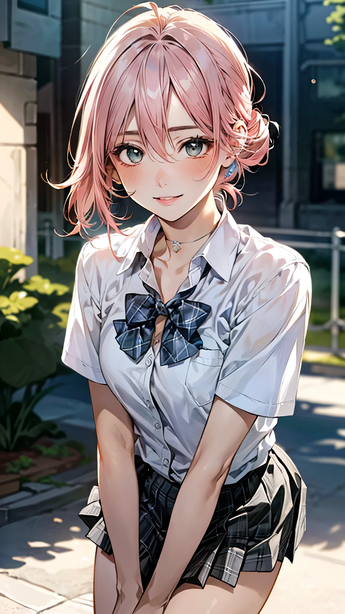 (masterpiece:1.3, top-quality, ultra high resolution, ultra detailed), (realistic, photorealistic:1.4), beautiful illustration, perfect lighting, natural lighting, depth of fields,
beautiful detailed hair, beautiful detailed face, beautiful detailed eyes, beautiful clavicle, beautiful body, beautiful chest, beautiful thigh, beautiful legs, beautiful hands,
looking at viewer, 1 girl, high school girl, (perfect anatomy, anatomically correct), cute and symmetrical face, babyface, perfect face, perfect eyes, shiny skin,
(middle hair, chignon:1.7, straight hair, pink hair:1.3), hair between eyes, dark green eyes, long eye lasher, (medium breasts:1.8, juicy thighs, attractive thighs),
((collared short sleeve shirt, white shirt, grey plaid pleated skirt, blue plaid bow tie, choker)),
(are standing, grab the hem of the skirt, put your hand on your chest, hand between legs, leaning forward),
(beautiful scenery), evening, (school), standing, (shining eyes:1.6, lovely smile, upper eyes, parted lips),