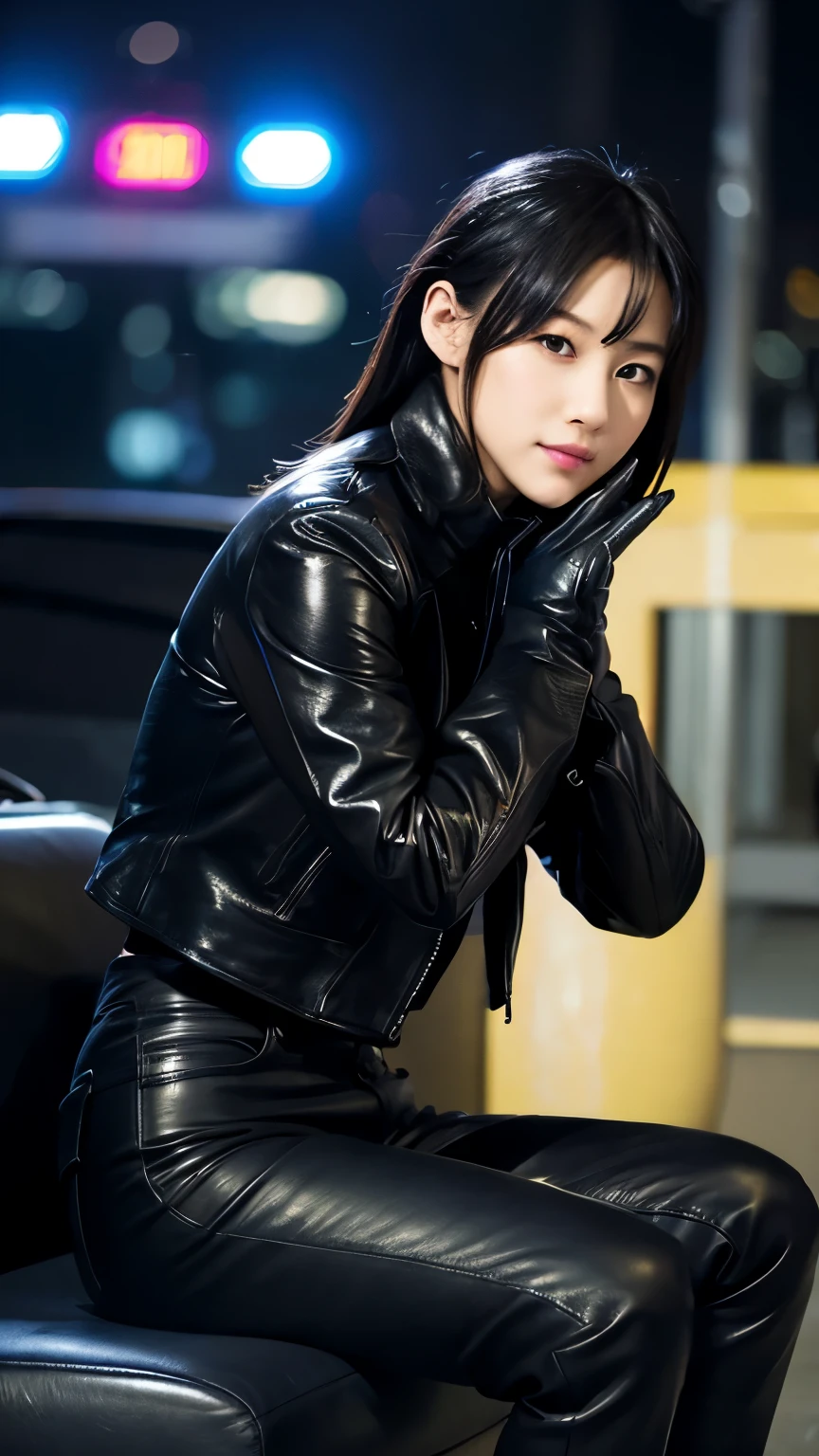 black leather rider jacket, Office in the Dark, Black leather gloved fingertips on both hands,Wearing black leather gloves,Sitting in a black leather chair、 Japanese female new recruits (Black leather gloves cover both hands) (The angle is horizontal)、Black Leather Pants,Black Leather Black Leather Pants,Black Leather Skinny Pants、Long black leather boots on both feet、Black hair ponytail ((He wears black leather gloves on his hands))Full Body Photo,full body shot full body full body leather suit,☺If you turn in this direction。Wearing black leather gloves,Wearing black leather gloves,Wearing black leather gloves,Wearing black leather gloves,Wearing black leather gloves,Wearing black leather gloves,黒のレザーパンツが美しい😍黒のレザーパンツが美しい😍黒のレザーパンツが美しい,😍Smiling while looking at me,City lights、((Neon Cyberpunk City Street:1.3))、(Neon Light)、Detailed lighting、
Best image quality、Ultra-high resolution、(realism:1.4)、Korean Beauty Star、The most beautiful KPOP stars、face、Horny Korean Makeup、A body that makes you want to touch it、Realistic leather texture、Costume made of smooth leather fabric、The drape of the curved parts of the leather fabric、The costume is very shiny、Quality of the costume、8K Photo Quality