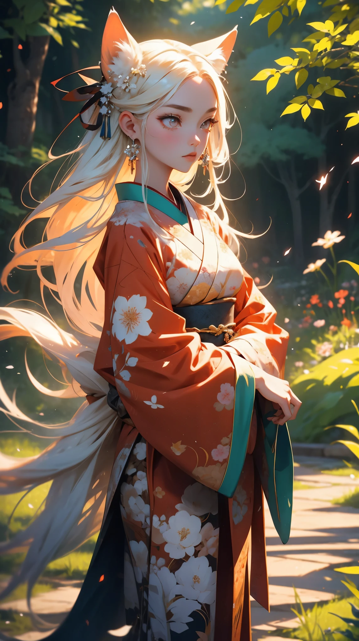 A girl with a beautiful face, expressive eyes, and full lips, representing the mythical creature known as the nine-tailed fox in Japanese culture. Her eyes are detailed and captivating. She has long, flowing hair with vibrant colors, resembling the fur of a fox. The girl is dressed in a traditional kimono, intricately designed with patterns and motifs inspired by nature. The medium used to depict this artwork is a mixture of traditional Japanese ink painting and digital illustration. The combination creates a unique blend of traditional and modern elements, enhancing the mystique and allure of the nine-tailed fox. In the background, there is a serene garden with cherry blossom trees, symbolizing beauty and transience. The garden is filled with vibrant colors, ranging from soft pastels to vivid hues, creating a dreamlike atmosphere. The sunlight filters through the trees, casting a gentle glow upon the girl and her surroundings. The image quality should be of the highest standard, with extreme attention to detail and clarity. It should exhibit photorealistic qualities, almost resembling a photograph. The colors should be vivid and vibrant, evoking a sense of wonder and enchantment. This artwork is characterized by its incorporation of an anime-style, capturing the essence of Japanese culture and aesthetics. The artist aims to convey the grace, elegance, and mysterious allure associated with the nine-tailed fox in Japanese folklore. The overall color tone should be warm and inviting, with a slight emphasis on earthy tones and shades of red and orange, reminiscent of autumn. The lighting should be carefully considered, with soft and diffused light illuminating the main character, creating a sense of depth and dimension. In summary, the Stable Diffusion prompt for this artwork should include the following tags: female character, nine-tailed fox, beautiful detailed eyes, beautiful detailed lips, long flowing hair, vibrant colors, traditional kimono, ink painting,