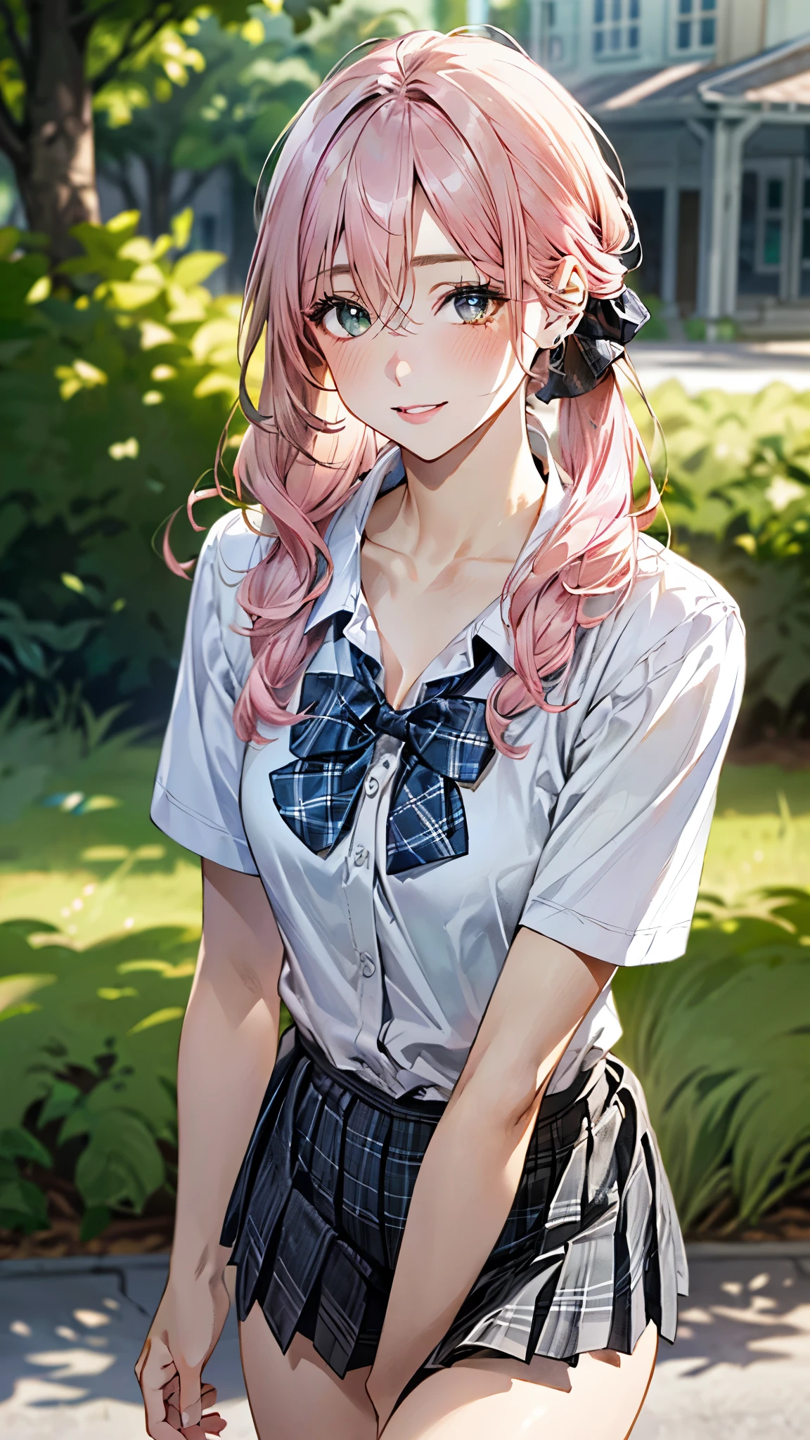 (masterpiece:1.3, top-quality, ultra high resolution, ultra detailed), (realistic, photorealistic:1.4), beautiful illustration, perfect lighting, natural lighting, depth of fields,
beautiful detailed hair, beautiful detailed face, beautiful detailed eyes, beautiful clavicle, beautiful body, beautiful chest, beautiful thigh, beautiful legs, beautiful hands,
looking at viewer, 1 girl, high school girl, (perfect anatomy, anatomically correct), cute and symmetrical face, babyface, perfect face, perfect eyes, shiny skin,
(middle hair, chignon:1.7, straight hair, pink hair:1.3), hair between eyes, dark green eyes, long eye lasher, (medium breasts:1.8, juicy thighs, attractive thighs),
((collared short sleeve shirt, white shirt, grey plaid pleated skirt, blue plaid bow tie, choker)),
(are standing, grab the hem of the skirt, put your hand on your chest, hand between legs, leaning forward),
(beautiful scenery), evening, (school), standing, (shining eyes:1.6, lovely smile, upper eyes, parted lips),