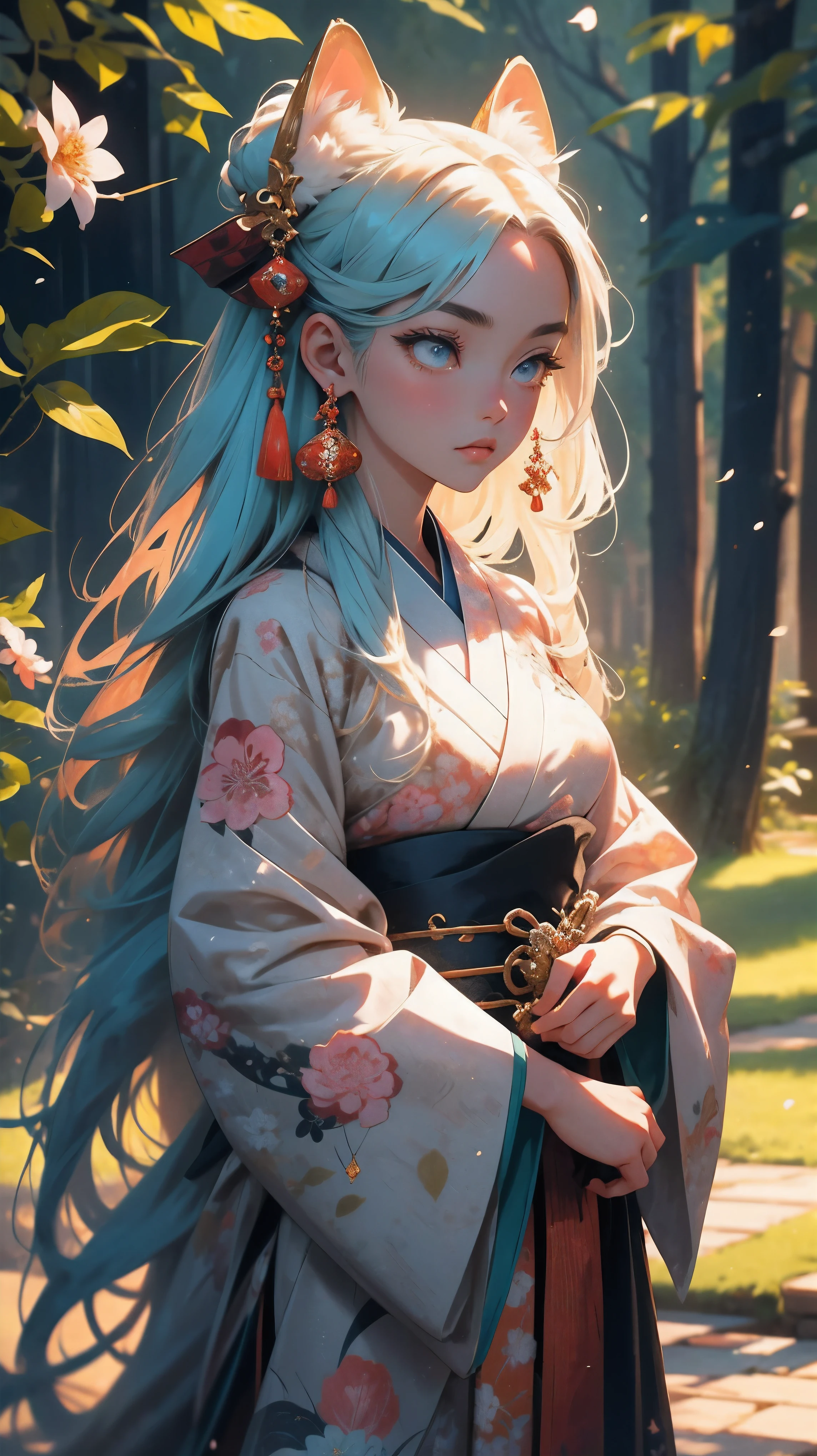A girl with a beautiful face, expressive eyes, and full lips, representing the mythical creature known as the nine-tailed fox in Japanese culture. Her eyes are detailed and captivating. She has long, flowing hair with vibrant colors, resembling the fur of a fox. The girl is dressed in a traditional kimono, intricately designed with patterns and motifs inspired by nature. The medium used to depict this artwork is a mixture of traditional Japanese ink painting and digital illustration. The combination creates a unique blend of traditional and modern elements, enhancing the mystique and allure of the nine-tailed fox. In the background, there is a serene garden with cherry blossom trees, symbolizing beauty and transience. The garden is filled with vibrant colors, ranging from soft pastels to vivid hues, creating a dreamlike atmosphere. The sunlight filters through the trees, casting a gentle glow upon the girl and her surroundings. The image quality should be of the highest standard, with extreme attention to detail and clarity. It should exhibit photorealistic qualities, almost resembling a photograph. The colors should be vivid and vibrant, evoking a sense of wonder and enchantment. This artwork is characterized by its incorporation of an anime-style, capturing the essence of Japanese culture and aesthetics. The artist aims to convey the grace, elegance, and mysterious allure associated with the nine-tailed fox in Japanese folklore. The overall color tone should be warm and inviting, with a slight emphasis on earthy tones and shades of red and orange, reminiscent of autumn. The lighting should be carefully considered, with soft and diffused light illuminating the main character, creating a sense of depth and dimension. In summary, the Stable Diffusion prompt for this artwork should include the following tags: female character, nine-tailed fox, beautiful detailed eyes, beautiful detailed lips, long flowing hair, vibrant colors, traditional kimono, ink painting,