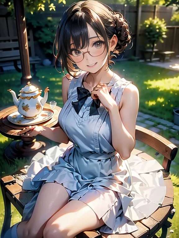 (best quality, masterpiece), (ultra high resolution, 8K RAW photo, photo realistics:1.5, textile shading, thin outline, clear focus:1.2), Beautuful Matured woman preparing tea-time in the garden, standing by the round table, (tea set, tea pot, tea cups, some Strawberrycakes on dish), classy art deco style table, wearing light_brown maid uniform, breast cleavage:1.2, maid costume:1.2, long flare skirts, apron, bow ties on thechest, long tall sally, long legs, long silver white hair, (wearing thin-flame glasses:1.2), (milf:1.5, 28 years old, solo), (medium breast, sagging breast, big tits, narrow waist), (medium short white hair, hair over one eye, (updo hair:1.2), side lock, asymmetric hair, wavy hair), (bright pupils, detailed eyes, high detailed face, Perfect face shape, eye rush), (seductitve smiling, half-closing eyes), (looking at viewers:1.3), (dynamic angle, full body, from above:0.9), ((correct anatomy:1.5, correct hands)), (ideal ratio of body proportions), (outdoor:1.2, grass field),
