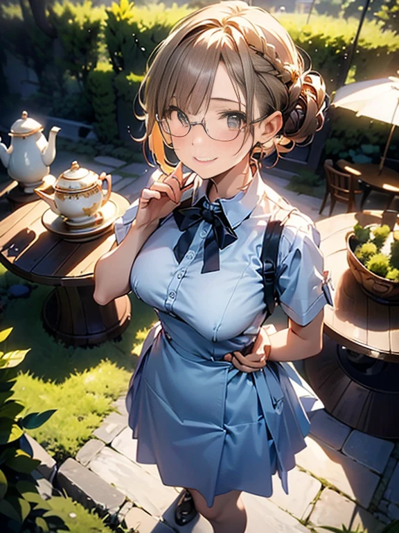 (best quality, masterpiece), (ultra high resolution, 8K RAW photo, photo realistics:1.5, textile shading, thin outline, clear focus:1.2), Beautuful Matured woman preparing tea-time in the garden, standing by the round table, (tea set, tea pot, tea cups, some Strawberrycakes on dish), classy art deco style table, wearing light_brown maid uniform, breast cleavage:1.2, maid costume:1.2, long flare skirts, apron, bow ties on thechest, long tall sally, long legs, long silver white hair, (wearing thin-flame glasses:1.2), (milf:1.5, 28 years old, solo), (medium breast, sagging breast, big tits, narrow waist), (medium short white hair, hair over one eye, (updo hair:1.2), side lock, asymmetric hair, wavy hair), (bright pupils, detailed eyes, high detailed face, Perfect face shape, eye rush), (seductitve smiling, half-closing eyes), (looking at viewers:1.3), (dynamic angle, full body, from above:0.9), ((correct anatomy:1.5, correct hands)), (ideal ratio of body proportions), (outdoor:1.2, grass field),
