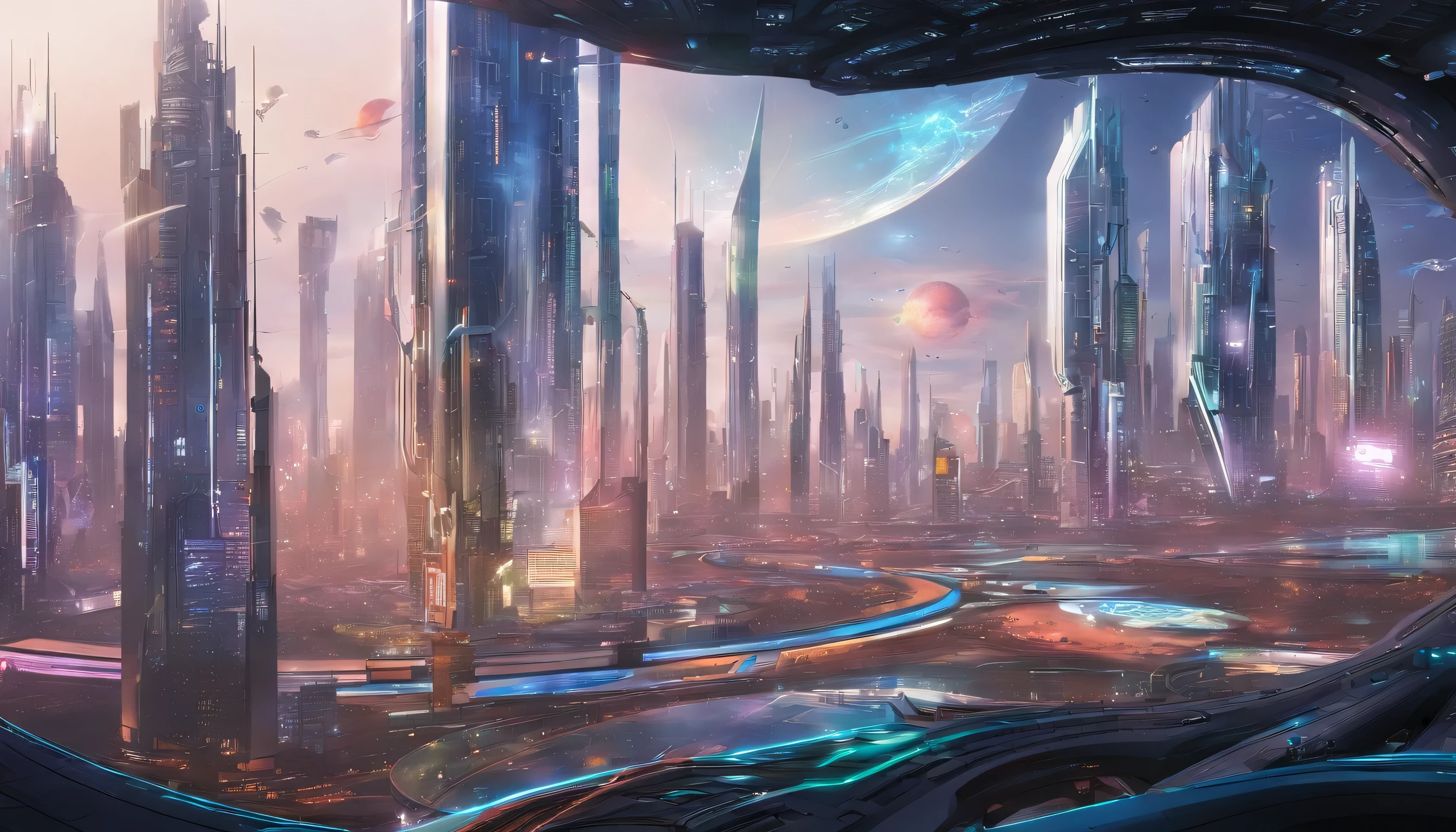 cyber punk perssonage、Cidade futuristica、planet earth、Skyscrapers piercing clouds cyberpunk.ＳＦart by、Utopian city、megacity、Dream、top-quality、tmasterpiece、Beautiful futuristic city