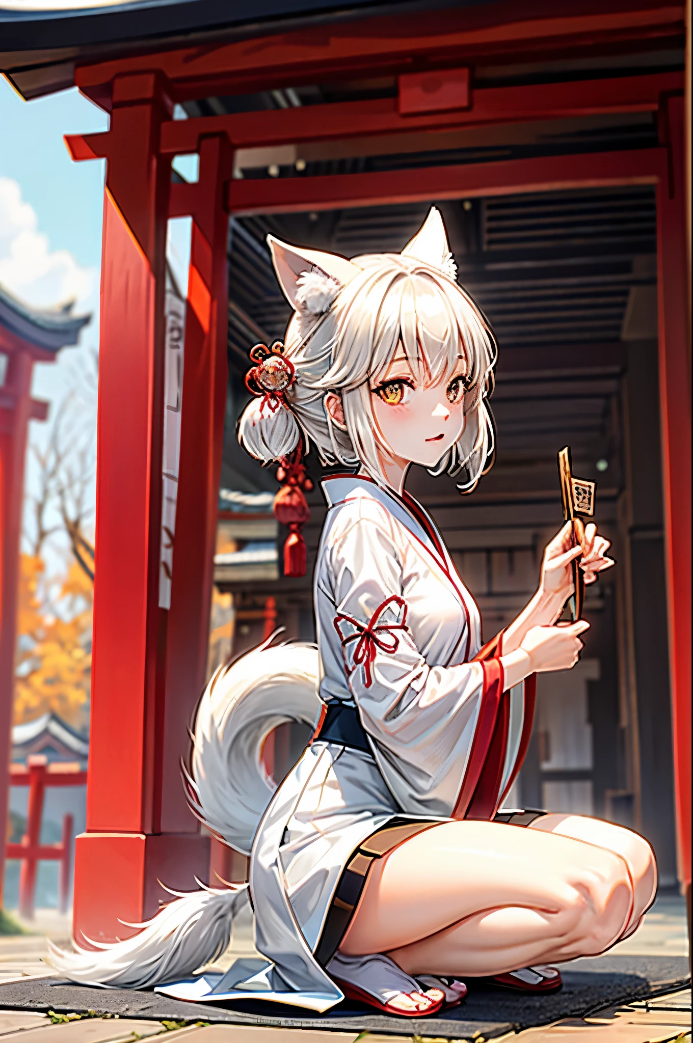 white fox girl with nine tails, japanese shrine background, short length