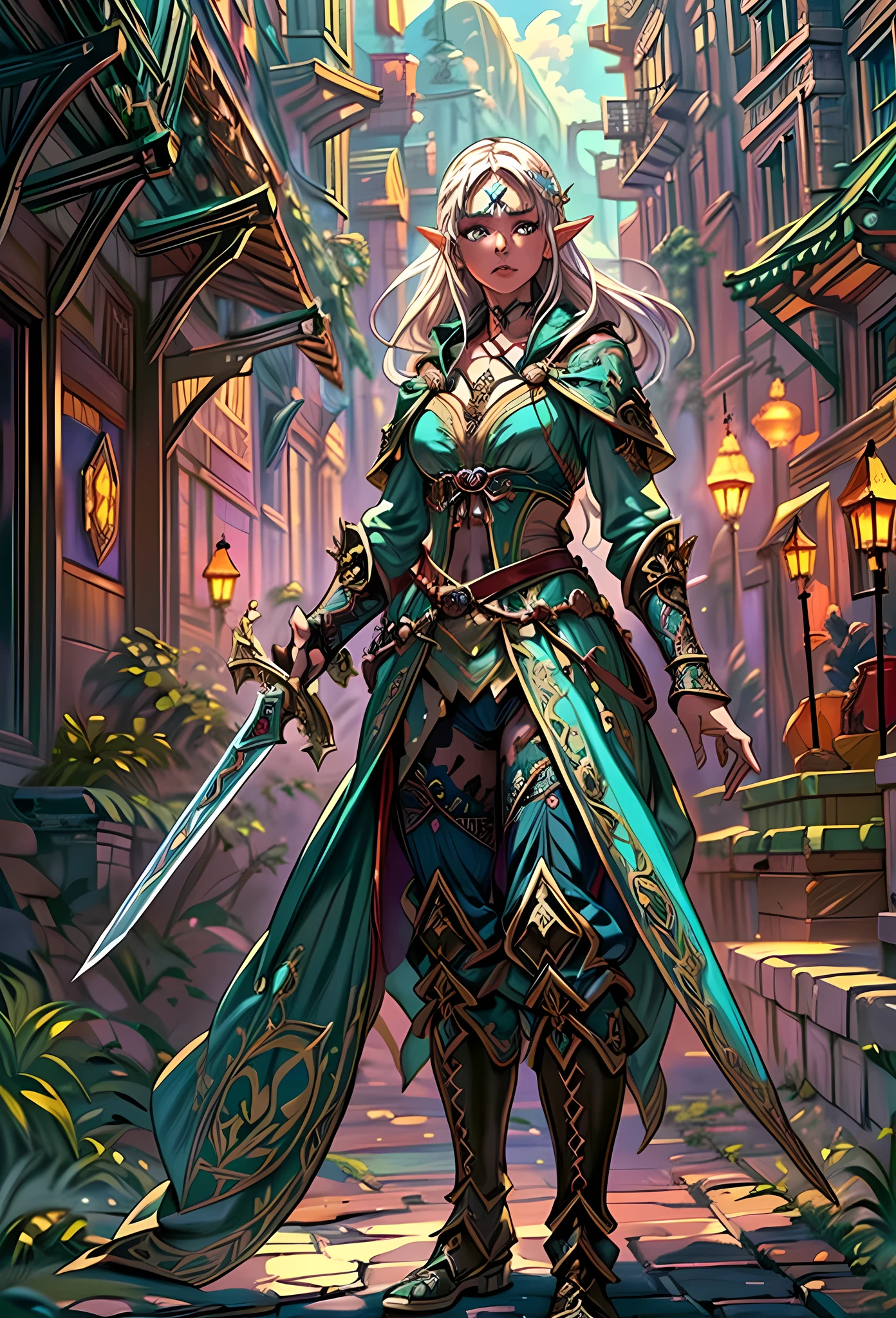 speedpainting a picture of a female elf (intense details, Masterpiece, best quality: 1.5) fantasy swashbuckler, fantasy fencer, armed with a slim sword, shinning sword, metallic shine, colorful clothes, dynamic clothing, an ultra wide shot, full body (intense details, Masterpiece, best quality: 1.5)epic beautiful female elf (intense details, Masterpiece, best quality: 1.5), rich hair, braided hair, small pointed ears, Sword and shield, GLOWING SWORD [colorful magical sigils in the air],[ colorful arcane markings floating] (intricate details, Masterpiece, best quality: 1.6), holding a [sword] (intricate details, Masterpiece, best quality: 1.6) holding a [sword glowing in red light] fantasy urban street (intense details, Masterpiece, best quality: 1.5),  purple cloak, long cloak (intense details, Masterpiece, best quality: 1.5), sense of daring, sense of adventure,  high details, best quality, 8k, [ultra detailed], masterpiece, best quality, (extremely detailed), dynamic angle, ultra wide shot, photorealistic, RAW, fantasy art, dnd art, fantasy art, realistic art, fantasysword sword, 