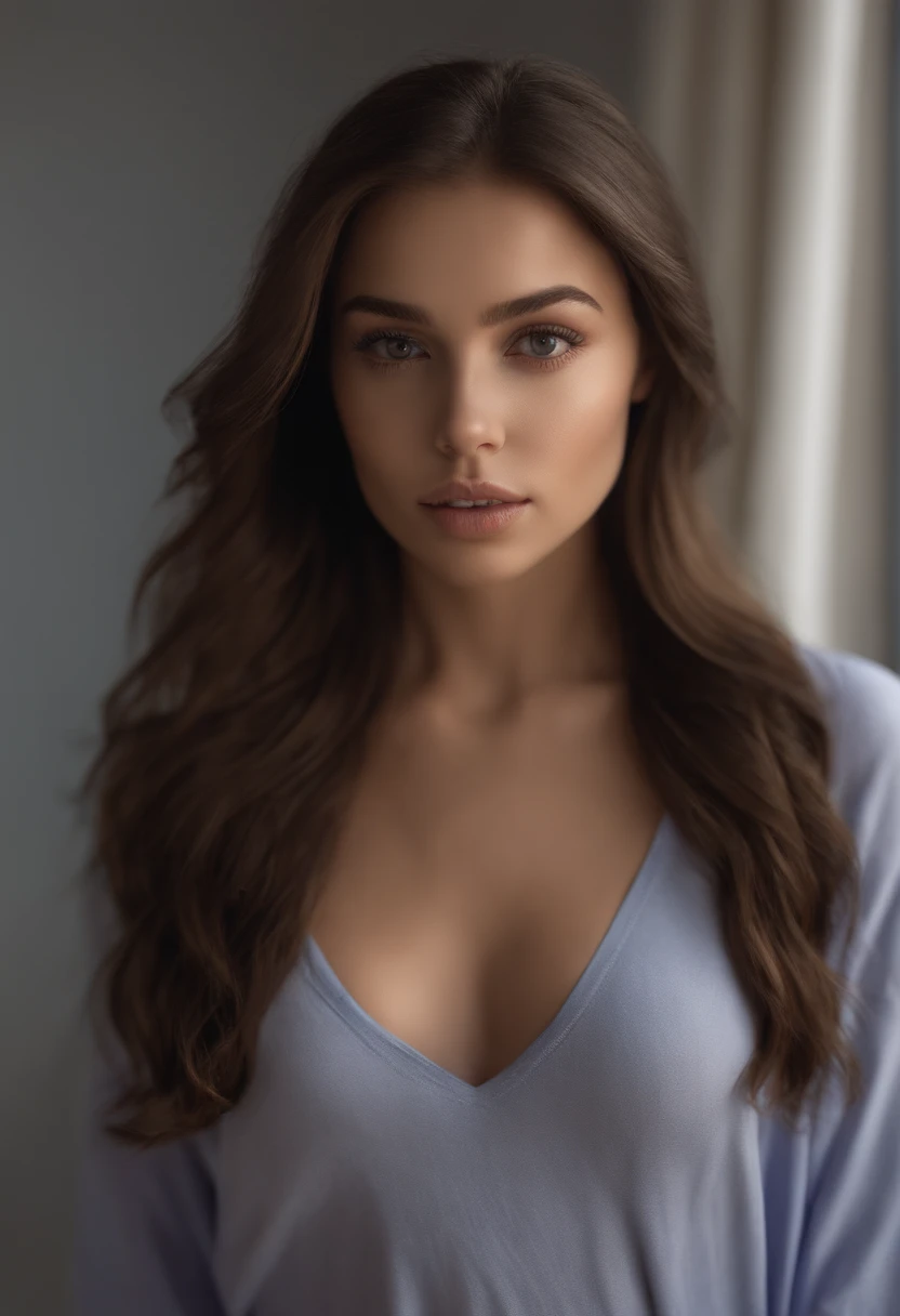 arafed woman fully , sexy girl with brown eyes, ultra realistic, meticulously detailed, portrait sophie mudd, brown hair and large eyes, young woman, bedroom eyes, violet myers, without makeup, natural makeup, looking directly at the camera, face with artgram, subtle makeup, stunning full body shot, living room, wearing workout clothes medium to large size bust, wearing lounge wear, long hair