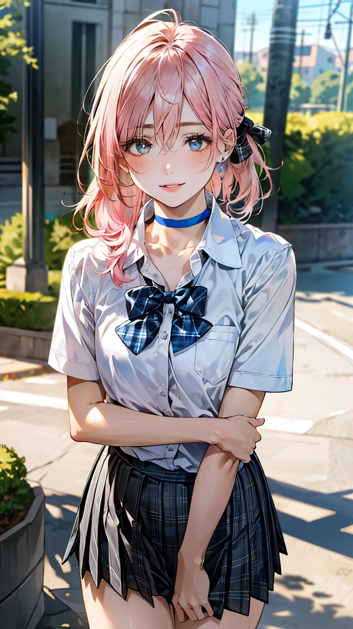(masterpiece:1.2, top-quality), (realistic, photorealistic:1.4), beautiful illustration, (natural side lighting, movie lighting), 
looking at viewer, cowboy shot, front view:0.6, 1 girl, japanese, high school girl, perfect face, cute and symmetrical face, shiny skin, 
(middle hair:1.7, side ponytail:1.7, (blond hair)), hair between eyes, blue eyes, long eye lasher, (large breasts:0.9, thick thighs), 
beautiful hair, beautiful face, beautiful detailed eyes, beautiful clavicle, beautiful body, beautiful chest, beautiful thigh, beautiful legs, beautiful fingers, 
((red pleated mini skirt, black stockings, unbuttoned light pink shirt)), pink hair ribbon, pink panties, 
(beautiful scenery), evening, riverside, walking, hands on chest, (excited face, very happy), 