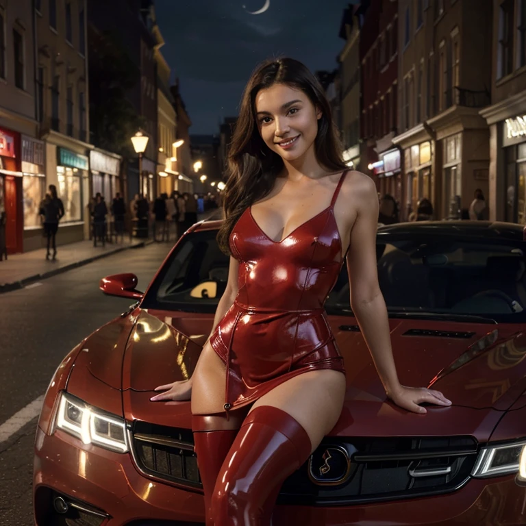 ((best quality)), ((masterpiece)), (detailed), perfect 18yo perfect thin, sporty hungarian  brunette girl in beautiful red latex dress and black stockings, posing with a luxury car in the city, it is night ooutside, detailed face, perfect teeth and smile, 32k, 8k, uhd