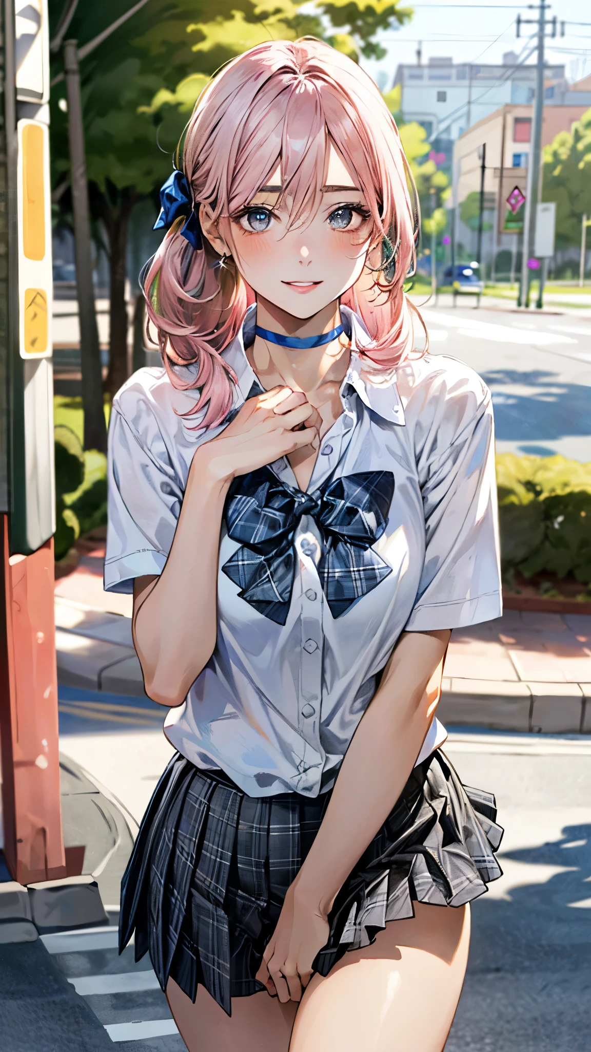 (masterpiece:1.3, top-quality, ultra high resolution, ultra detailed), (realistic, photorealistic:1.4), beautiful illustration, perfect lighting, natural lighting, depth of fields, 
beautiful detailed hair, beautiful detailed face, beautiful detailed eyes, beautiful clavicle, beautiful body, beautiful chest, beautiful thigh, beautiful legs, beautiful hands, 
looking at viewer, 1 girl, high school girl, (perfect ???????, anatomically correct), cute and symmetrical face, babyface, perfect face, perfect eyes, shiny skin, 
(middle hair, chignon:1.7, straight hair, pink hair:1.3), hair between eyes, dark green eyes, long eye lasher, (medium breasts:1.8, juicy thighs, attractive thighs), 
((collared short sleeve shirt, white shirt, grey plaid pleated skirt, blue plaid bow tie, choker)), 
(beautiful scenery), evening, (baker), walking, (lovely smile, upper eyes, parted lips), 