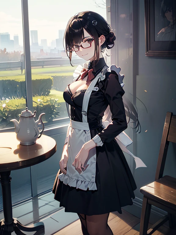 (best quality, masterpiece), (ultra high resolution, 8K RAW photo, photo realistics:1.5, textile shading, thin outline, clear focus:1.2), Beautuful Matured woman preparing tea-time in the garden, standing by the round table, (tea set, tea pot, tea cups, some Strawberrycakes on dish), classy art deco style table, wearing light_brown maid uniform, breast cleavage:1.2, maid costume:1.2, long flare skirts, apron, bow ties on thechest, long tall sally, long legs, long silver white hair, (wearing thin-flame glasses:1.2), (milf:1.5, 28 years old, solo), (medium breast, sagging breast, big tits, narrow waist), (medium short white hair, hair over one eye, (updo hair:1.2), side lock, asymmetric hair, wavy hair), (bright pupils, detailed eyes, high detailed face, Perfect face shape, eye rush), (seductitve smiling, half-closing eyes), (looking at viewers:1.3), (dynamic angle, full body, from above:0.9), ((correct anatomy:1.5, correct hands)), (ideal ratio of body proportions), (outdoor:1.2, grass field),
