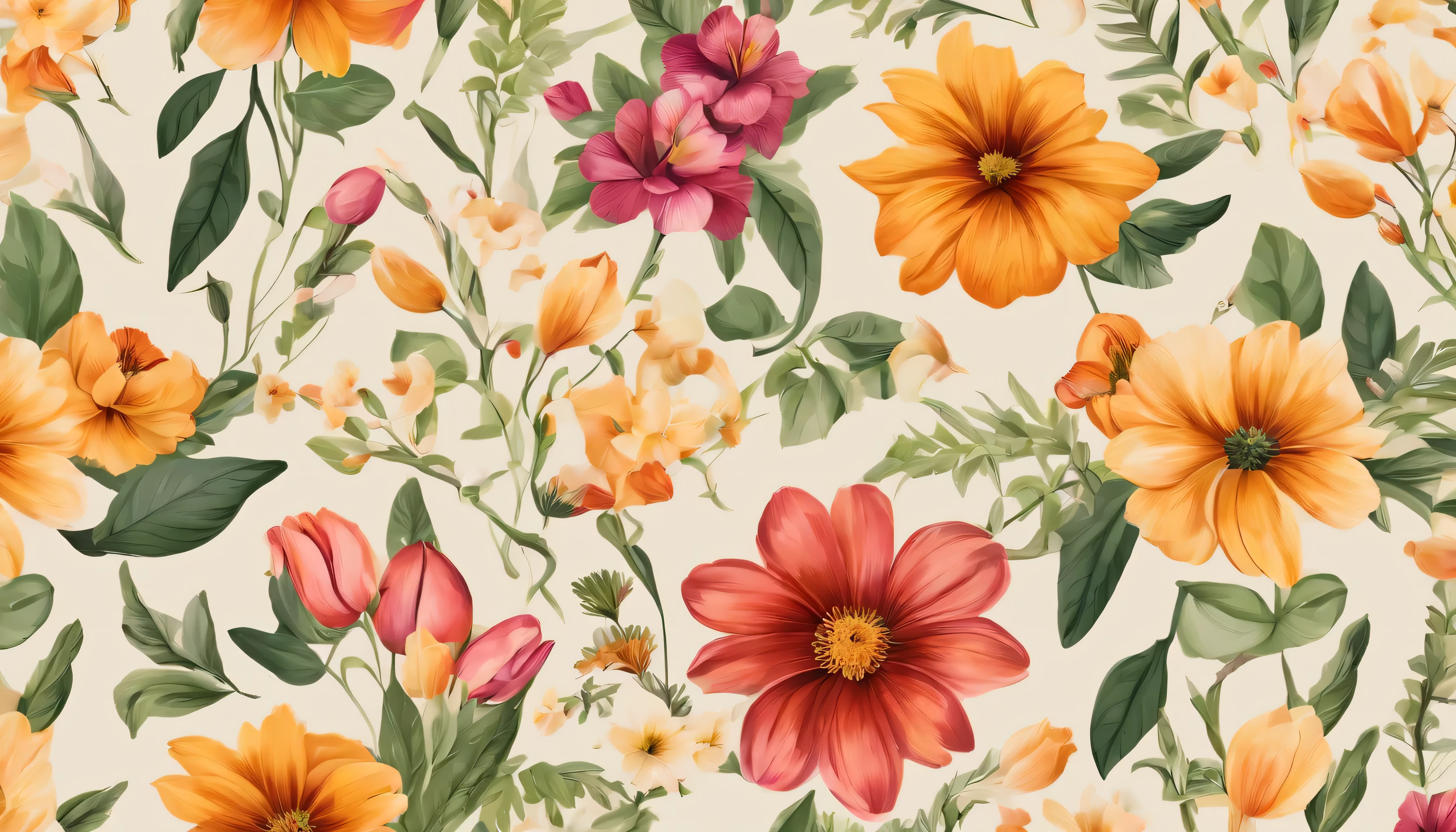 summer flower pattern, use rich color palette. variety of diferent flower, Detailed background,Complements the flowers,
