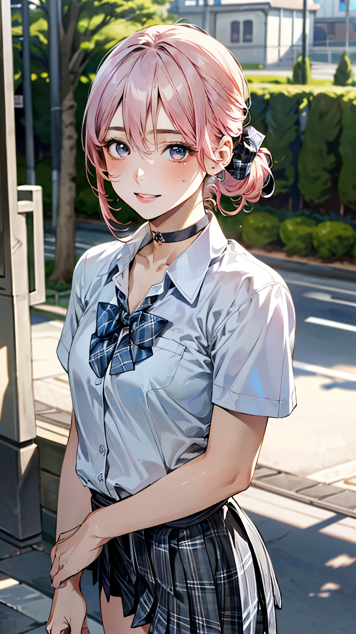 (masterpiece:1.3, top-quality, ultra high resolution, ultra detailed), (realistic, photorealistic:1.4), beautiful illustration, perfect lighting, natural lighting, depth of fields,
beautiful detailed hair, beautiful detailed face, beautiful detailed eyes, beautiful clavicle, beautiful body, beautiful chest, beautiful thigh, beautiful legs, beautiful hands,
looking at viewer, 1 girl, high school girl, (perfect anatomy, anatomically correct), cute and symmetrical face, babyface, perfect face, perfect eyes, shiny skin,
(middle hair, chignon:1.7, straight hair, pink hair:1.3), hair between eyes, dark green eyes, long eye lasher, (medium breasts:1.8, juicy thighs, attractive thighs),
((collared short sleeve shirt, white shirt, grey plaid pleated skirt, blue plaid bow tie, choker)),
(beautiful scenery), evening, (baker), walking, (lovely smile, upper eyes, parted lips),