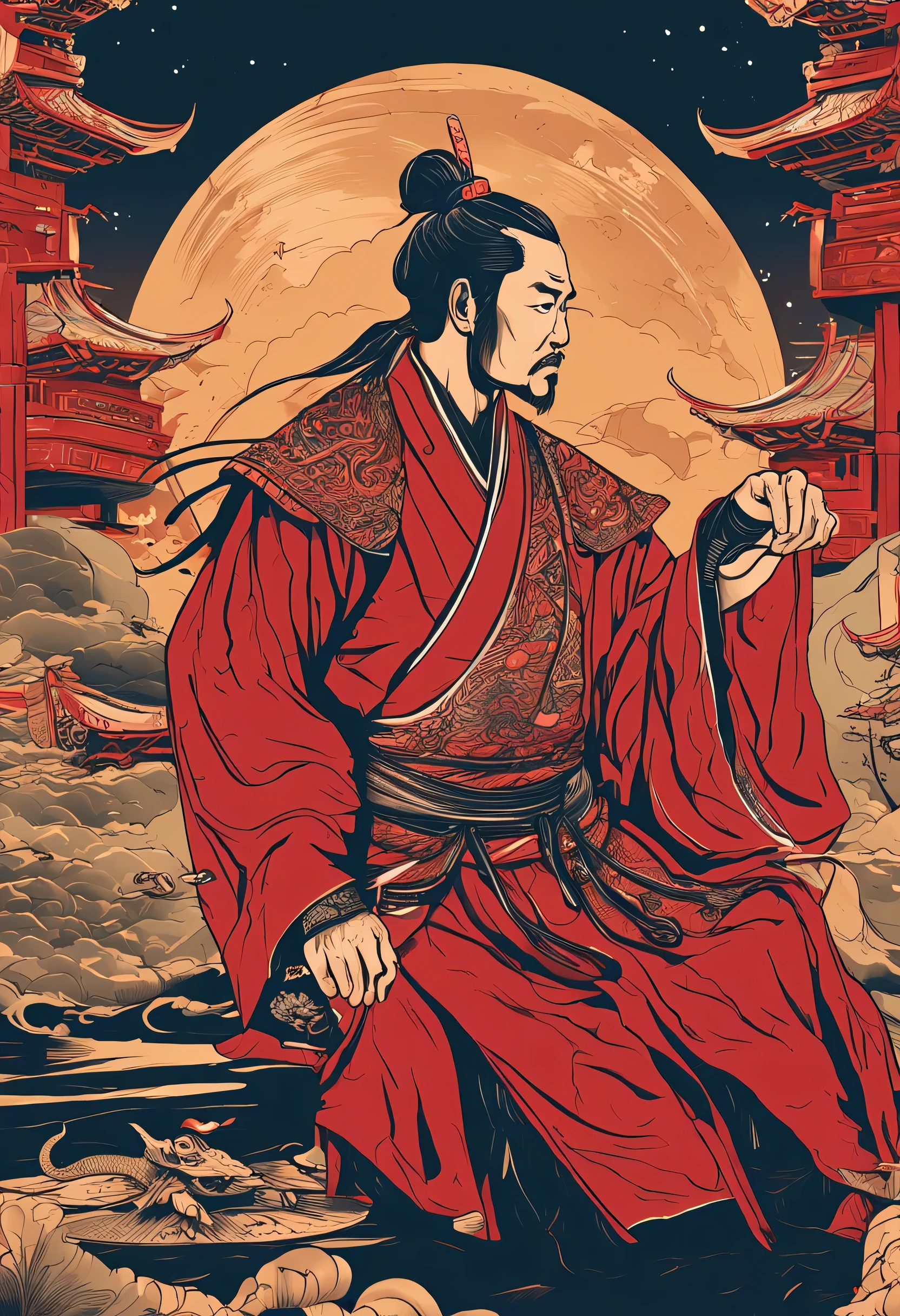 very good，I like the first one.，Hopefully it will be based on the first fine art style.，and original image content，Just change the character a little.，emperor of china, Wear traditional Chinese clothing，A man in a red dragon robe, Standing on the rooftop of a Star Destroyer,
