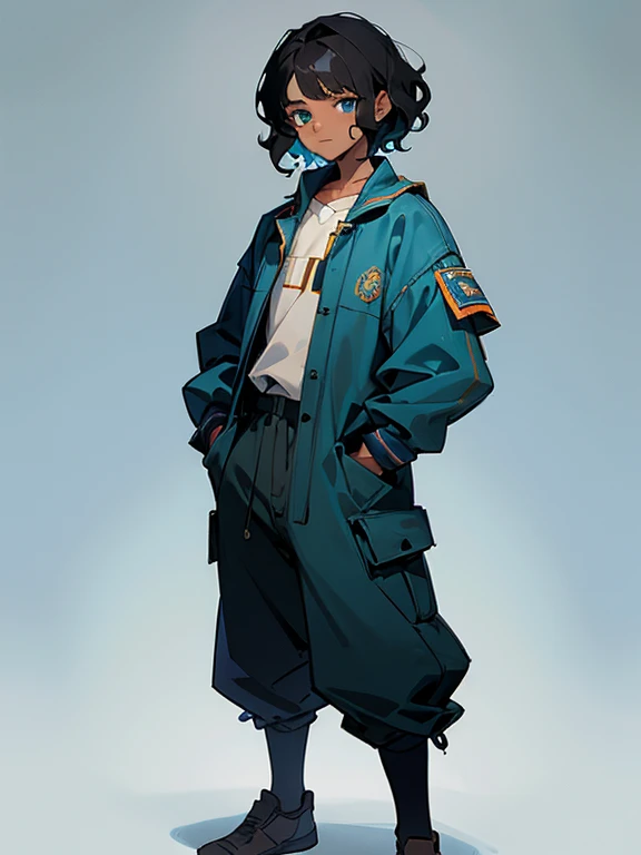 Boy with short wavy black hair, brown skin, blue eyes and Clothing in Maya blue colors, Standing frontally with arms in pockets