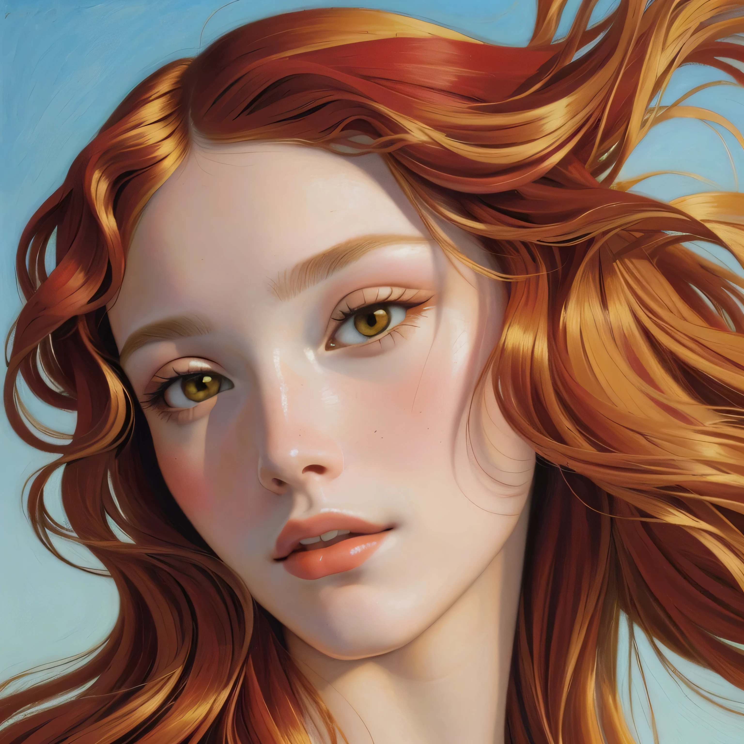 a close up of a painting of a woman with long hair, lush hair, red hair, in style of sandro botticelli, in a style blend of botticelli, inspired by Sandro Botticelli, sandro botticelli style, botticelli style, sandro botticelli. very soft, boticelli, in a style combining botticelli, botticelli