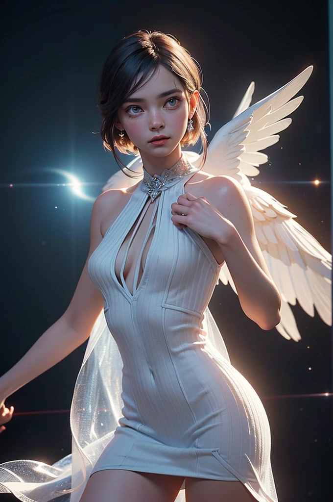 ((space, Distant stars), (Fantastic image, very beautiful - space girl), (1 girl; 1.3), (Face. figure))). ((Graceful forms. Graceful girl). (high quality), (stylization - animation, realism). (Dark cool colors mixed with warm shades). (angel girl), (photorealistic, Cinematic picture), (high detail, complete black hole, 8K. dynamic expressive image)). ((Very detailed eyes and face))), Beautiful detailed eyes. masterpiece, Best quality, full length portrait, amazing beauty, dynamic pose, нежное Face, and bright eyes)). ((She wears transparent, semi-sheer dress, emphasizing a slim figure). (She's an angel, descended into the underworld. She's a savior, light in the dark kingdom, radiating a soft glow. High detail, Other worlds, light of distant stars), (detail, high quality), (Muffled light, dark environments - the spooky cinematic setting is great)). ((Girl with white skin, realistic detailed skin, clear focus, volumetric mist near the floor, 8K, UHD, SLR camera, high quality, granularity. photorealism, lomography, fantastic dark art, Utopian reality)). ((готическое Face, gothic horror atmosphere, зловещая gothic aesthetics), (gothic art style, creepy gothic portrait, dark fantasy, mixed with realism, gothic aesthetics)).((Realistic black leather)).