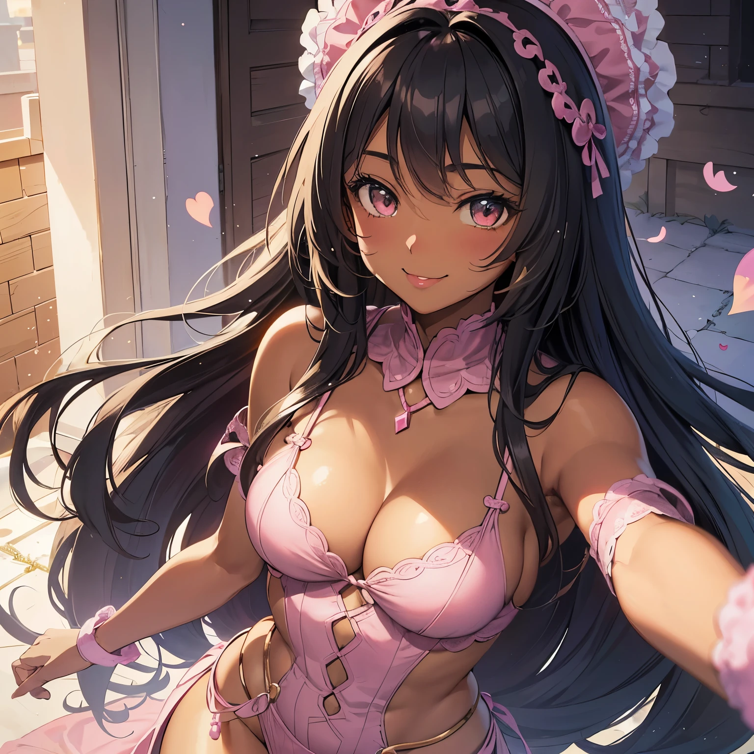 beautiful African American (brown-skinned) anime girl, dark skin, detailed background, (long black hair) , (medium breasts , medium cleavage), detailed face, thick sexy lips, (pink pouty glossy lipstick) ((pink aesthetic)), (( face shot, smiling, looking in camera)),
