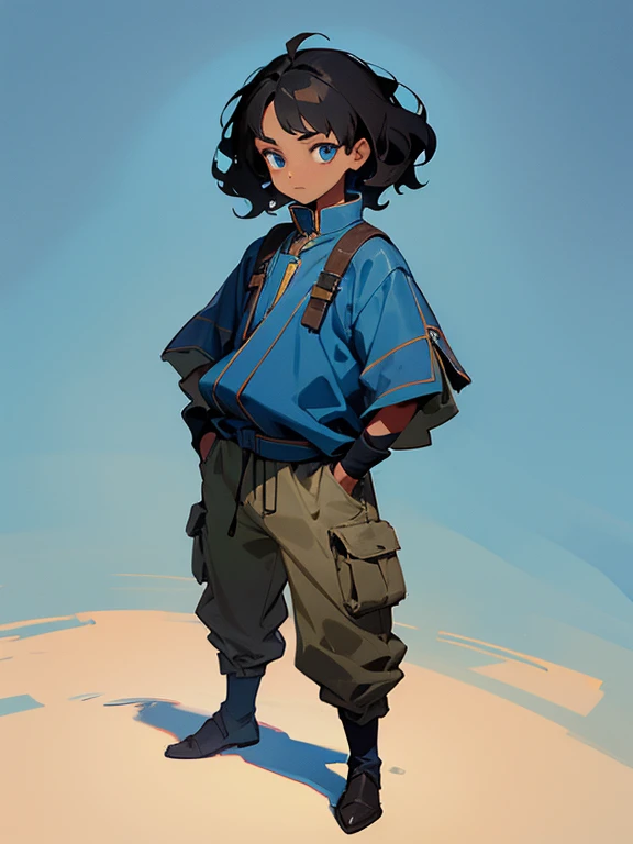 Boy with short wavy black hair, brown skin, blue eyes and Clothing in Maya blue colors, Standing frontally with arms in pockets