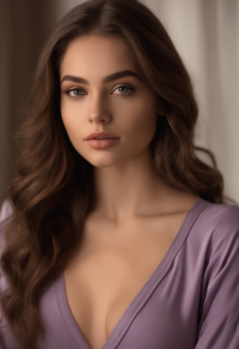 arafed woman fully , sexy girl with brown eyes, ultra realistic, meticulously detailed, portrait sophie mudd, brown hair and large eyes, young woman, bedroom eyes, violet myers, without makeup, natural makeup, looking directly at the camera, face with artgram, subtle makeup, stunning full body shot, living room, wearing workout clothes medium to large size bust, wearing lounge wear, long hair
