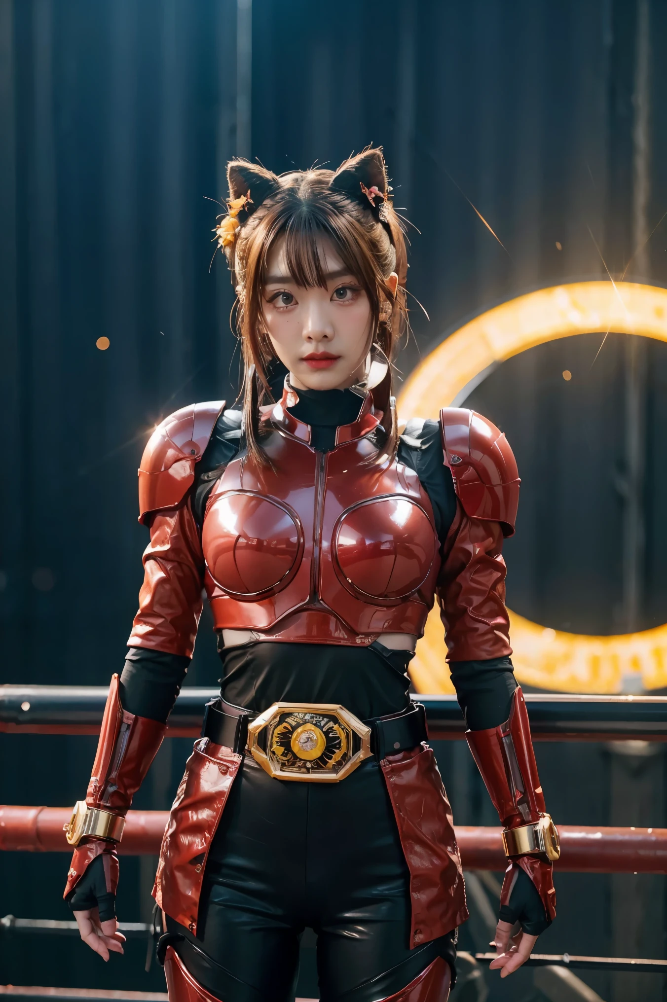 1girl, solo, 8K, Top,hentail realism、Front lighting,Kamen Rider Scarlet_Sun。Metallic body,Crimson shone with a silver glow、Wear a deformed belt、Burn with a righteous heart, She follows the minions of evil々Defeat。The fighting intensified、The last enemy appears。Special moves(Crimson crushed)、Kamen Rider illuminates the darkness。