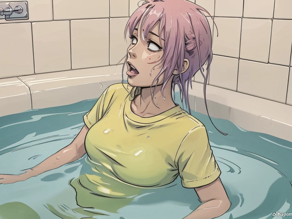 cartoon, An anime wet 2woman with colored hair and t-shirt:1.2 and jeans siting drowning (inside slime bath),orgasm,  hard breath, sweat