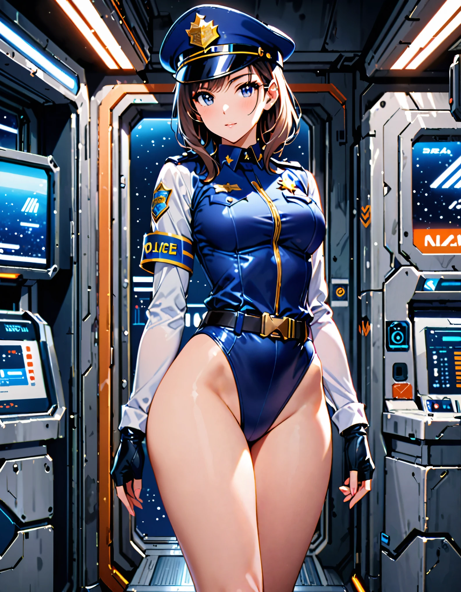 nsfw,(realistic,best quality, masterpiece),(1girl,独奏:1.5), beautiful face,beautiful body,detailed fingers ,looking at view, beautiful lighting, professional lighting,(on a space station:1.2),from below,
, torogao,cowboy shot:1.5, cameltoe, narrow waist,wedgie_crotch, School Swimsuit、Sarah collar、Ruffled kouhai, large_breasts, short_hair, orange_hair, Blue_eyes, shiny_hair, hair_between_eyes, tanlines, ahoge, earrings
BREAK
very highleg leotard ,
squatting,
breast pull,
flat2,