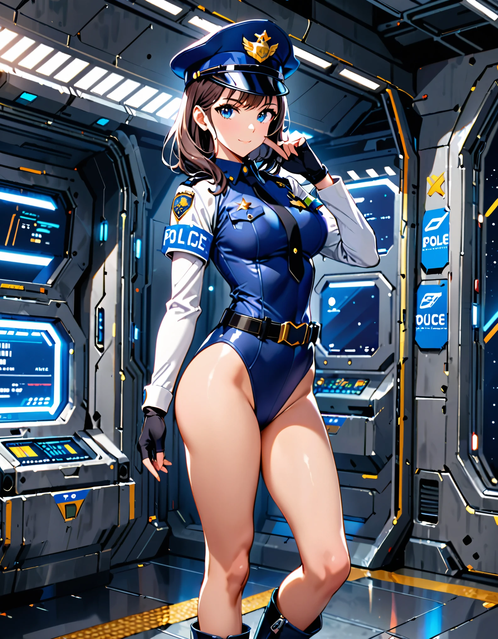 (masterpiece), (best quality), (high res),1girl, tall body, beautiful detailed eyes, beautiful detailed face, cute face, perfect hands, complete fingers, perfect anatomy, perfect proportions, ((hat, dark blue police hat)), ((leotard, matching leotard, bare legs)), ((boots, matching boots)), breasts, medium breasts, covered navel, fingerless gloves, (full body portrait), looking at viewer, solo, solo focus, standing, police uniform, cowboy shot, space station backdrop, indoors, (belt, tight belt), (armbands, white sleeves), full body costume design.