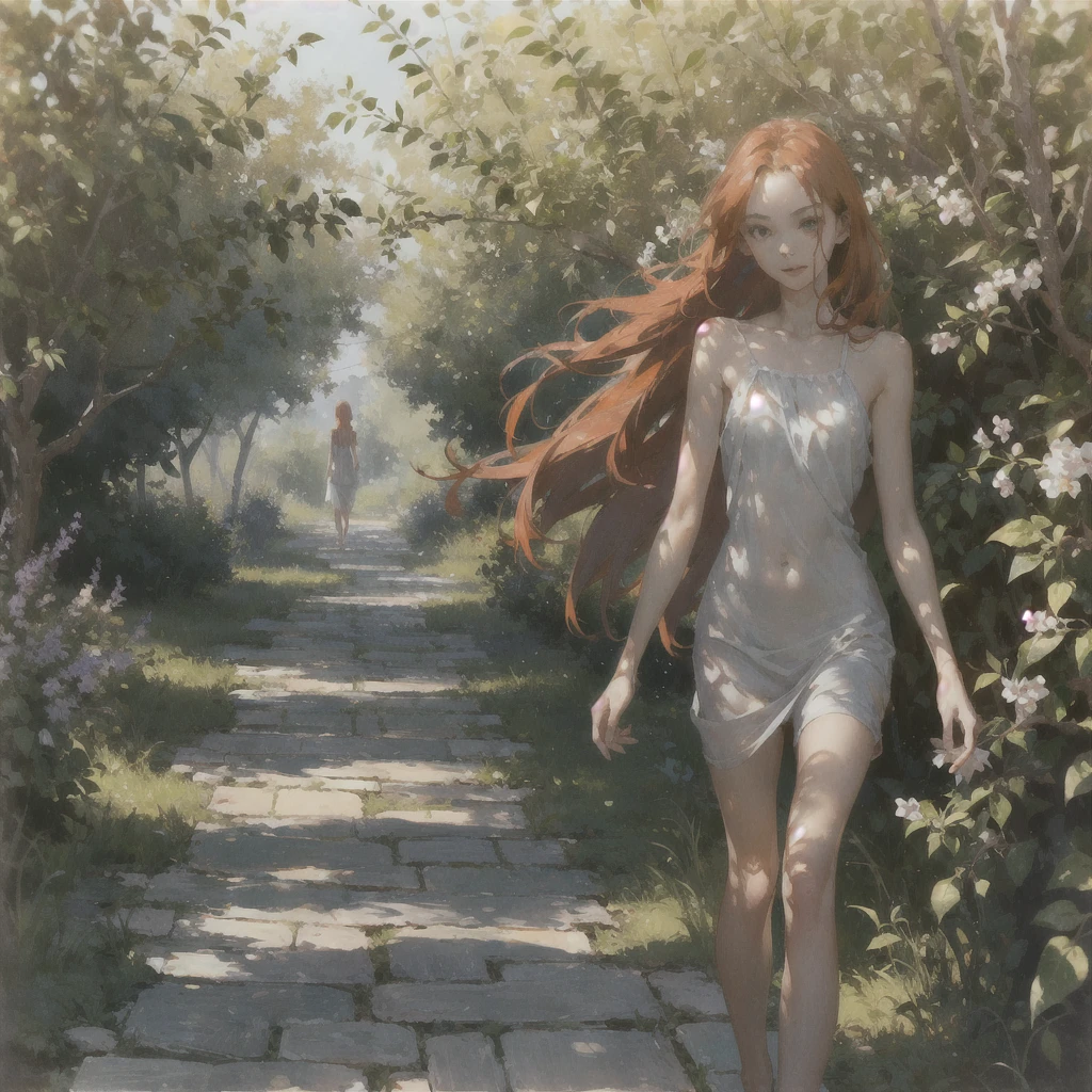 Beautiful slender thin exquisite (nude) girl 16 years old with a perfect face of the southern type with red hair with tender breasts with tender nipples barefoot with bare hips ((with red pubic hairs)) ((in a short summer light light orange sundress on a naked body)) walks along a brick road in the middle of a flowering field, in a gentle watercolor style, Discreet shades, sfumato, haze, diffused dim light, delicate mint shades, imitation of film photography, (olive and grape groves, Brick Road), (High image quality, Maximum detail)