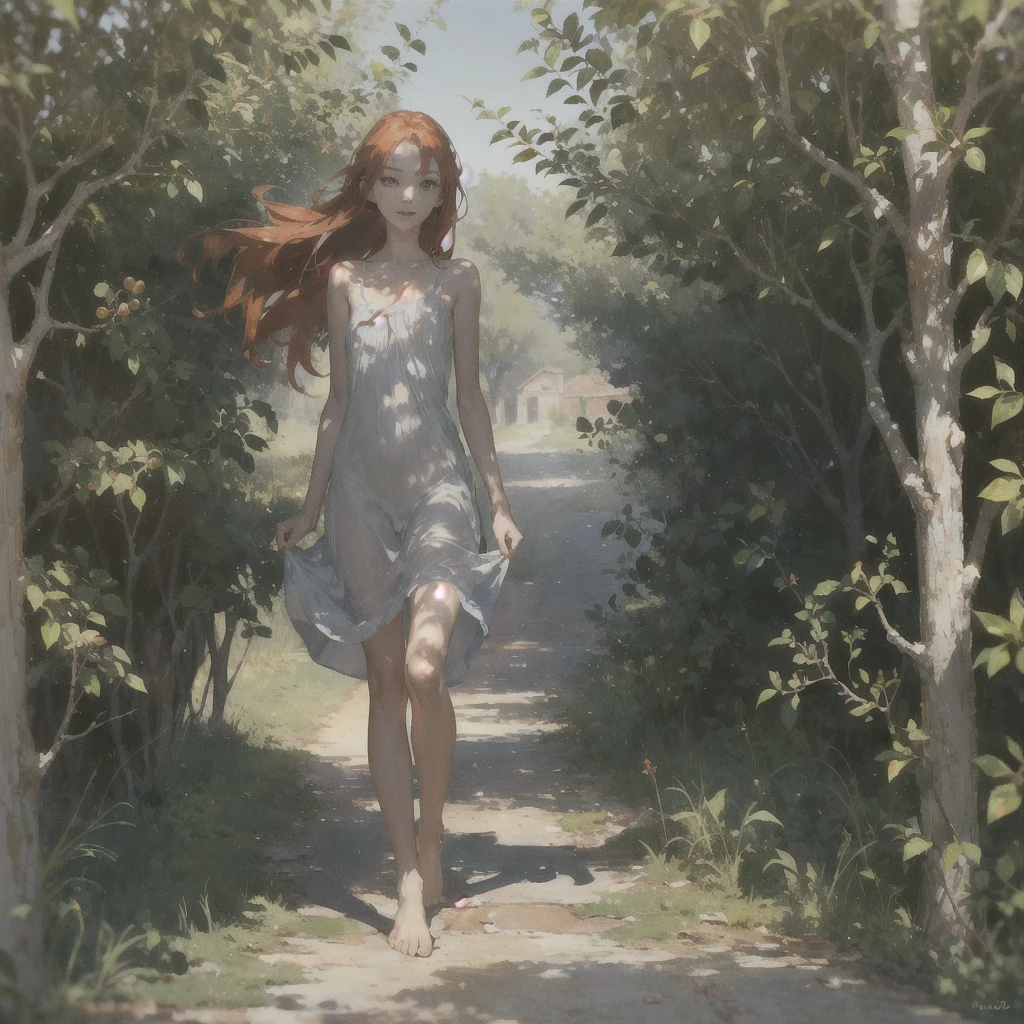 Beautiful slender thin exquisite (nude) girl with a perfect face of the southern type with red hair with tender breasts with tender nipples barefoot with bare hips ((with red pubic hairs)) ((in a short summer light light orange sundress on a naked body)) walks along a brick road in the middle of a flowering field, in a gentle watercolor style, Discreet shades, sfumato, haze, diffused dim light, delicate mint shades, imitation of film photography, (olive and grape groves, Brick Road), (High image quality, Maximum detail)