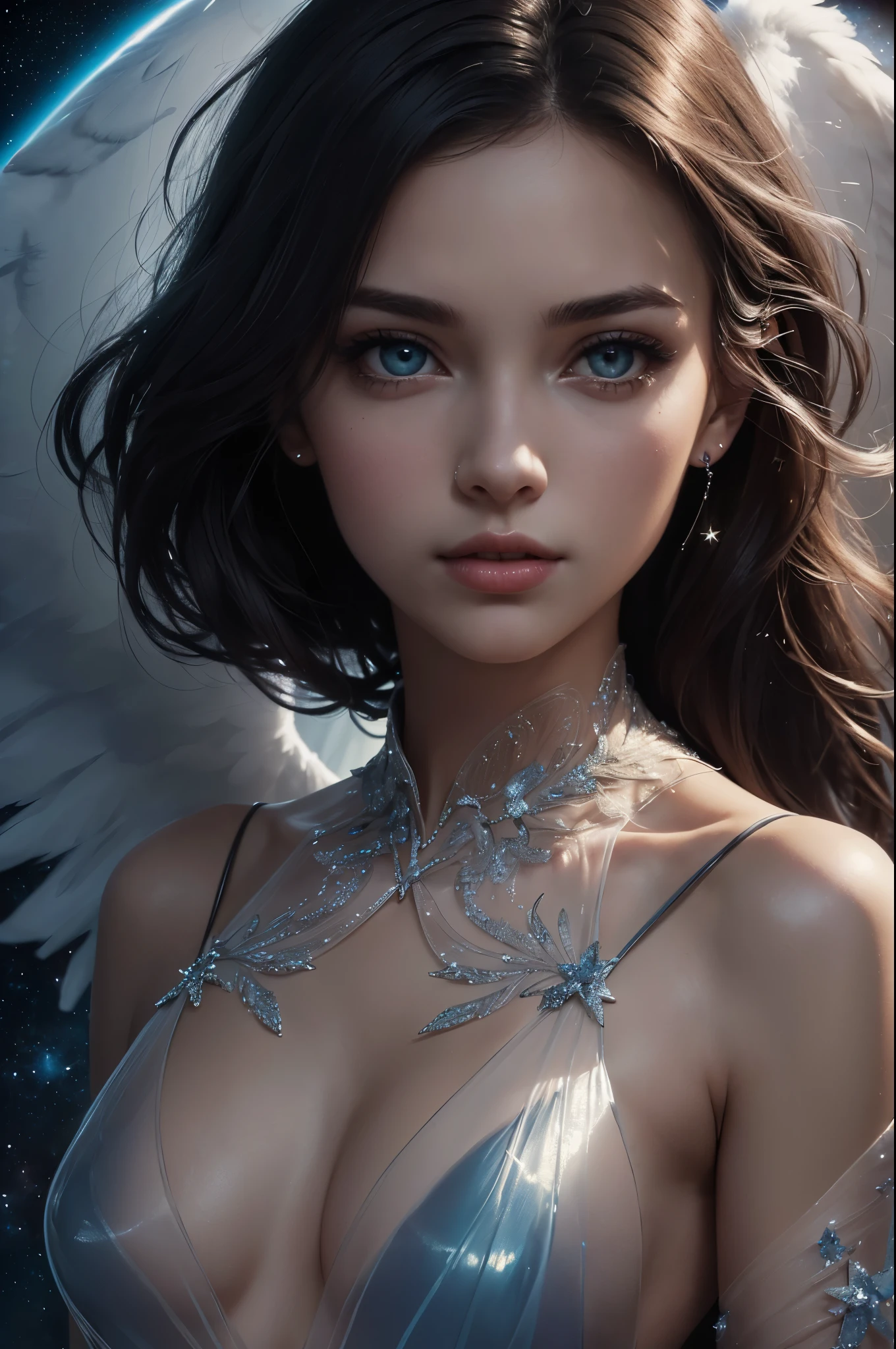 ((space, Distant stars), (Fantastic image, very beautiful - space girl), (1 girl; 1.3),  (Face. figure))). ((Graceful forms. Graceful girl). (high quality), (stylization - animation, realism). (Dark cool colors mixed with warm shades). (angel girl), (photorealistic, Cinematic picture), (high detail, complete black hole, 8K. dynamic expressive image)). ((Very detailed eyes and face))), Beautiful detailed eyes. masterpiece, Best quality, full length portrait, amazing beauty, dynamic pose, нежное Face, and bright eyes)). ((She wears transparent, semi-sheer dress, emphasizing a slim figure). (She&#39;s an angel, descended into the underworld. She&#39;s a savior, light in the dark kingdom, radiating a soft glow. High detail, Other worlds, light of distant stars), (detail, high quality), (Muffled light, dark environments - the spooky cinematic setting is great)). ((Girl with white skin, realistic detailed skin, clear focus, volumetric mist near the floor, 8K, UHD, SLR camera, high quality, granularity. photorealism, lomography, fantastic dark art, Utopian reality)). ((готическое Face, gothic horror atmosphere, зловещая gothic aesthetics),  (gothic art style, creepy gothic portrait, dark fantasy, mixed with realism, gothic aesthetics)).((Realistic black leather)).