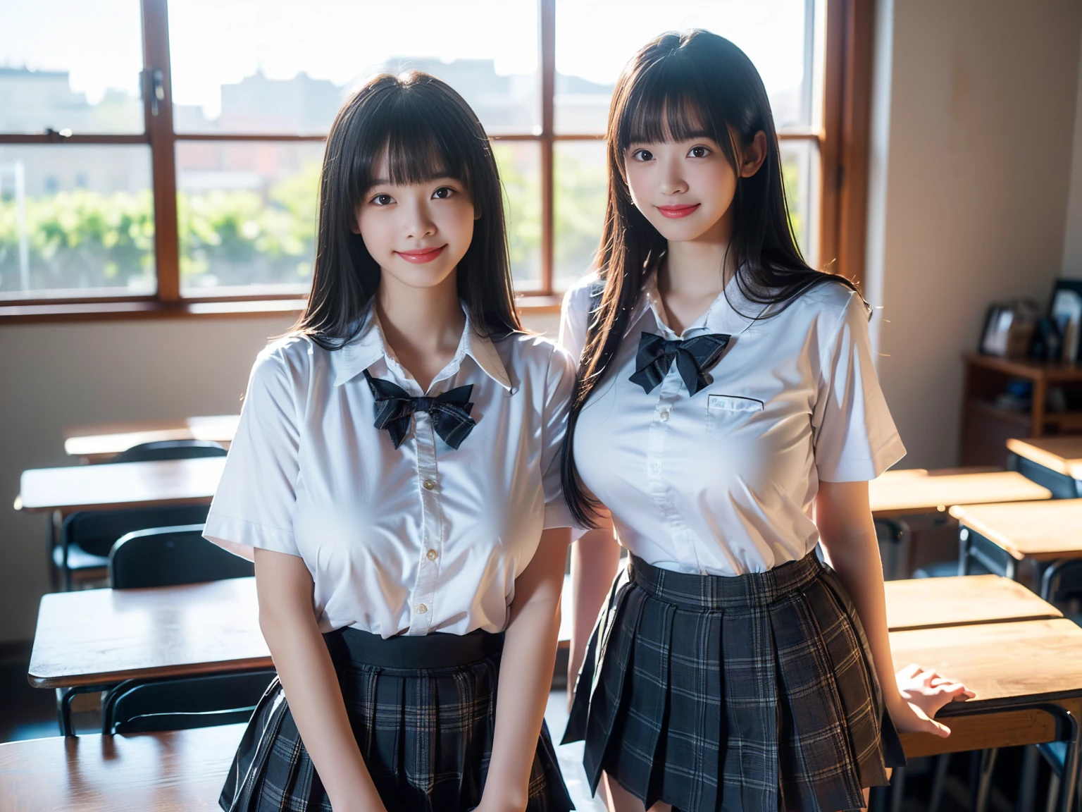 (masterpiece, realistic, photo-realistic:1.2), finely detail, ultra high res, perfect anatomy, best quality, 8K, soft focus, upper body shot, (happy smile:1.3), (2girls, 15yo Japanese girls, height 1.5meters:1.2), (school-uniform, elaborated uniform, mini skirt with checked patterns:1.2), (sexy pose emphasized breasts, standing, focus on breasts:1.2), (black straight hair, middle length hair, blunt bangs:1.2), beautiful detailed face and big eyes, (white and smooth skin, glowing fair skin:1.3), (pointed huge breasts, gigantic breasts:1.3), (bloom, detailed background, beautiful classroom, superb view:1.2),