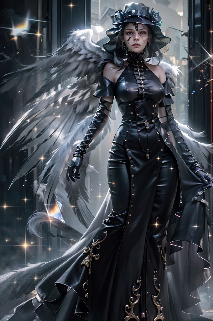 ((space, Distant stars), (Fantastic image, very beautiful - space girl), (1 girl; 1.3), (Face. figure))). ((Graceful forms. Graceful girl). (high quality), (stylization - animation, realism). (Dark cool colors mixed with warm shades). (angel girl), (photorealistic, Cinematic picture), (high detail, complete black hole, 8K. dynamic expressive image)). ((Very detailed eyes and face))), Beautiful detailed eyes. masterpiece, Best quality, full length portrait, amazing beauty, dynamic pose, нежное Face, and bright eyes)). ((She wears transparent, semi-sheer dress, emphasizing a slim figure). (She's an angel, descended into the underworld. She's a savior, light in the dark kingdom, radiating a soft glow. High detail, Other worlds, light of distant stars), (detail, high quality), (Muffled light, dark environments - the spooky cinematic setting is great)). ((Girl with white skin, realistic detailed skin, clear focus, volumetric mist near the floor, 8K, UHD, SLR camera, high quality, granularity. photorealism, lomography, fantastic dark art, Utopian reality)). ((готическое Face, gothic horror atmosphere, зловещая gothic aesthetics), (gothic art style, creepy gothic portrait, dark fantasy, mixed with realism, gothic aesthetics)).((Realistic black leather)).