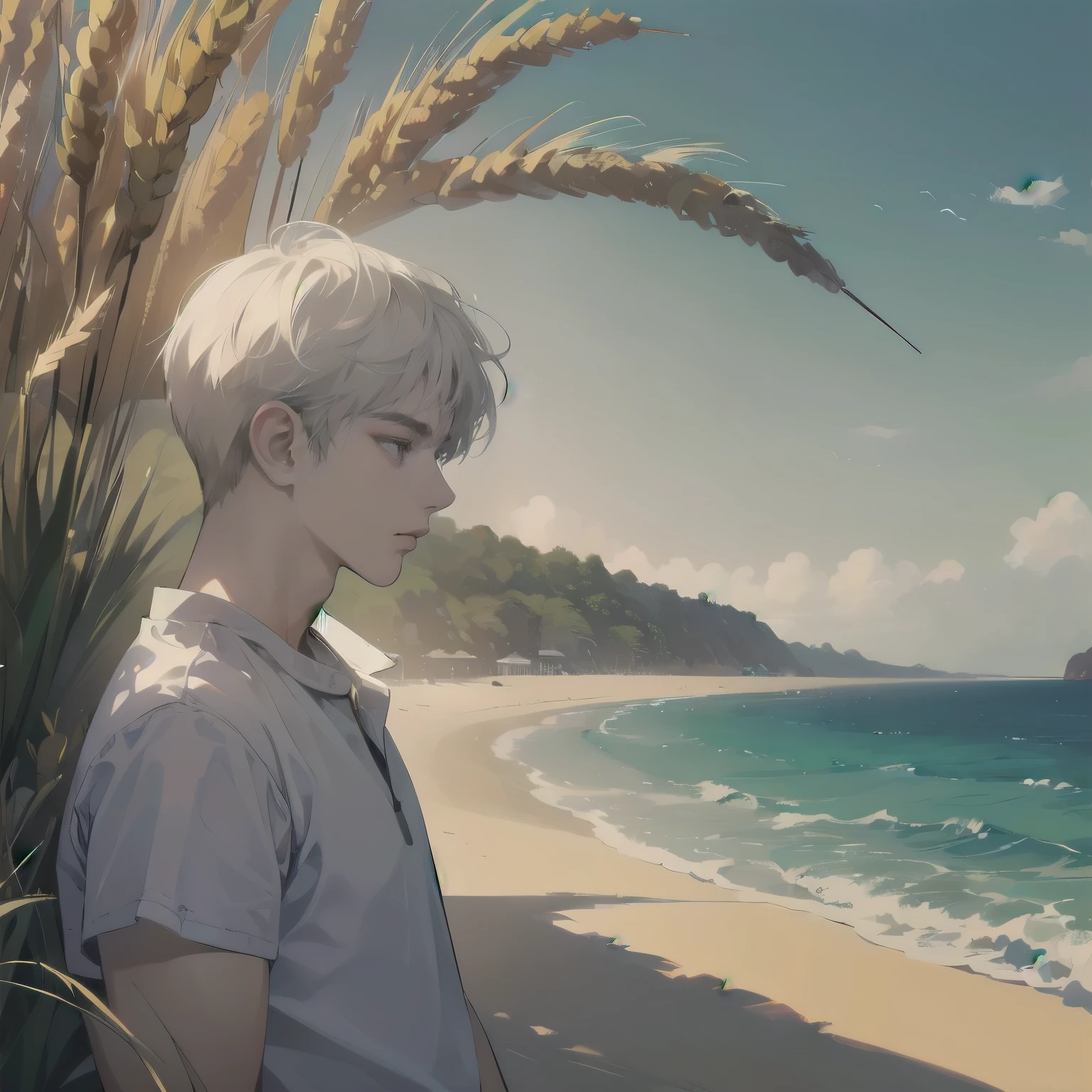 (Extremely detailed and high-quality illustrations),(Flat Color:1.1),(Best lighting and shadow effects, Surreal), beach, Wheat skin color、Young man with short light white hair, Looking at the sea with a pensive expression,muscle