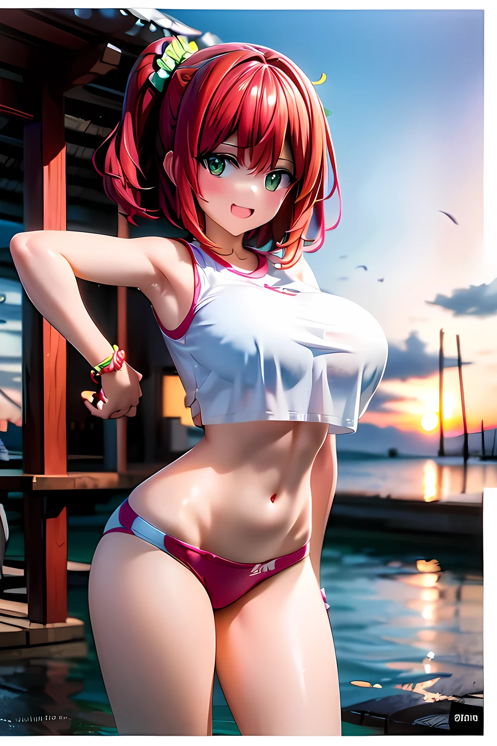 best quality, masterpiece, extremely detailed CG, official art , professional lighting, (sakimiyairuka), one side up, green scrunchie, hair ornament, red hair, green eyes, perfect face, gleaming skin, groin, sweat, g-string, Standing, hand on hip, clenched teeth, gym, 
